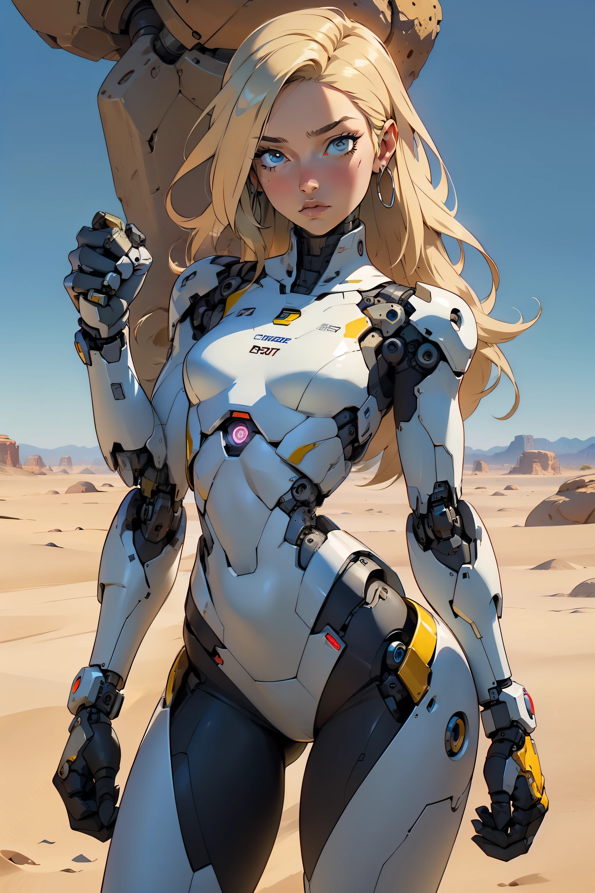 high quality, 4k, masterpiece, beautiful, cyborg girl, cowboy shot, dull eyes, looking at viewer, long blonde hair, girl, small breasts, slim thighs, robotic arms, robotic body, cyborg body, yellow accent, intricate detail, joint, detailed lines, robotic detail, holding fist up, holding hand up as fist, color robotic parts, robotic parts with color, perfect fingers, on a desert planet, sunny background, colorful desert,