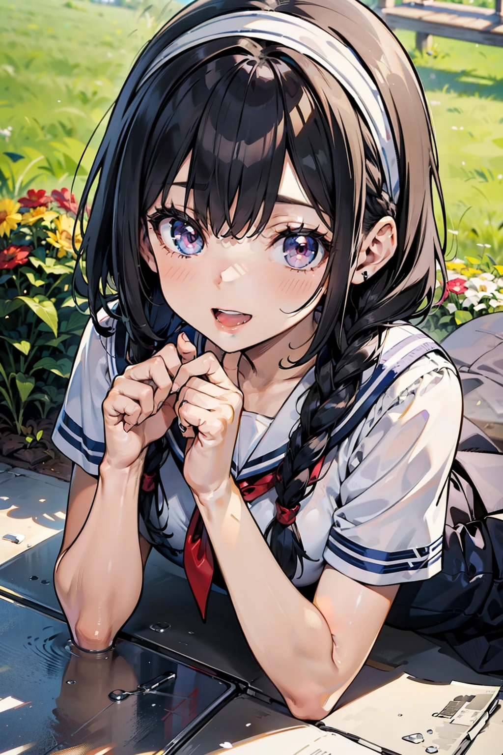 body 8 times longer than head, (Highly detailed CG unity 8k), (highest quality)，(very detailed)，(ultra high resolution), black hair, High school girl wearing a navy sailor suit, Anime 2D rendering, realistic young anime high school girl, ((White headband)), purple eyes, small breasts, tall, slanted eyes, (school scenery), black stockings, bright color, open your mouth, Dark blue skirt, bob cut, position looking down from above, lie on your stomach, Stick your cheeks with both hands, looking at the flowers blooming on the ground, smile, 