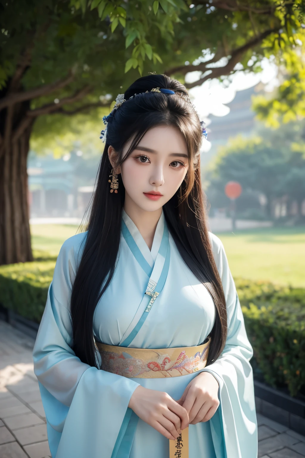 A 20-year-old Chinese beauty,Gorgeous Hanfu,sexy,long black hair,Color flows across her face,huge breasts,a ray of light