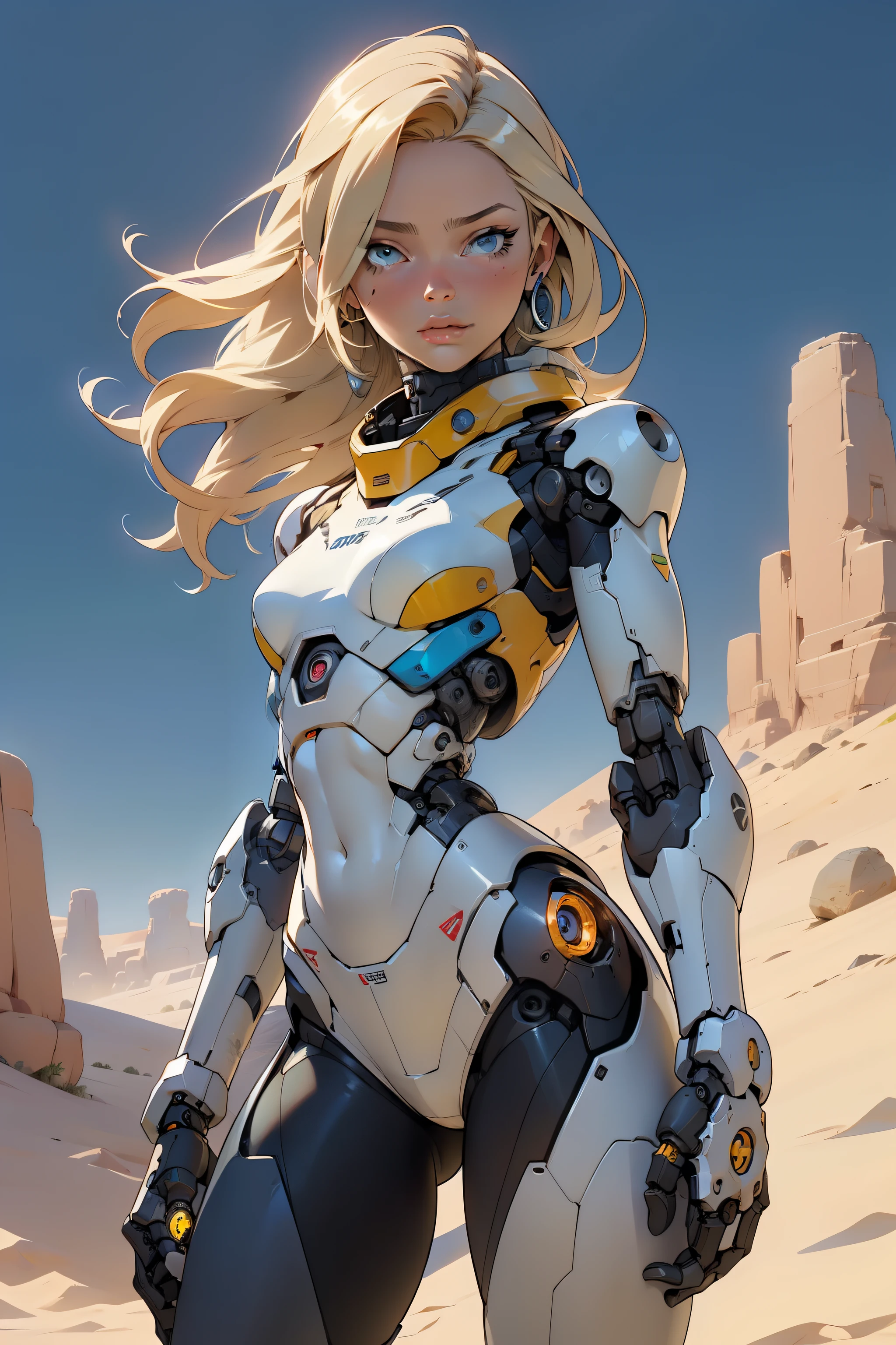 high quality, 4k, masterpiece, beautiful, cyborg girl, cowboy shot, dull eyes, looking at viewer, long blonde hair, girl, small breasts, slim thighs, robotic arms, robotic body, cyborg body, yellow accent, intricate detail, joint, detailed lines, robotic detail, holding fist up, holding hand up as fist, color robotic parts, robotic parts with color, perfect fingers, on a desert planet, sunny background, colorful desert,