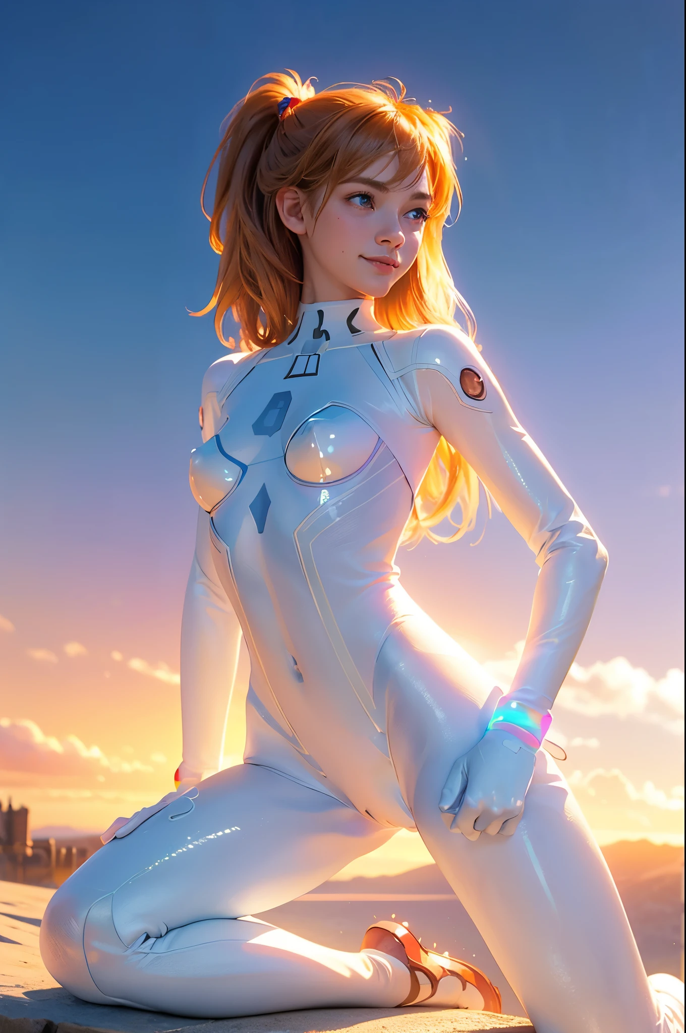 good anatomy, masterpiece, best quality,realistic, hyperrealistic, 16k hdr,cinemascope,extremely detailed face,perfect lighting,1girl,18yo,interface headset,(rainbow order,white bodysuit:1.2),souryuu asuka langley,large breasts,spread legs,(sexy pose:1.2),from below,cameltoe,smile