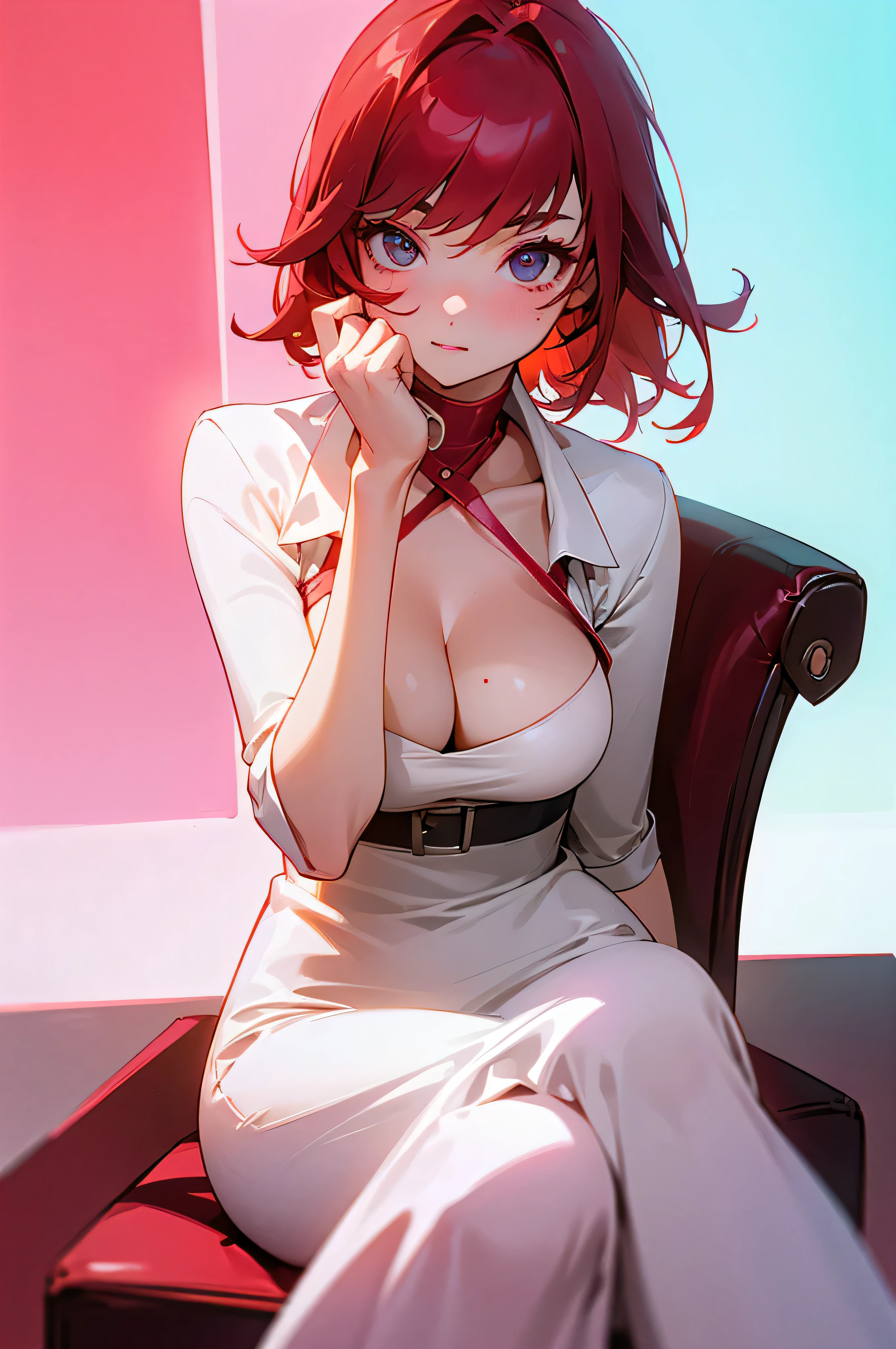 1 female、Cool sister、looking at the camera、red cheeks、on the chair、cleavage、Wine red hair、white dress、Open neck、Neon feeling、neon laser、neon room