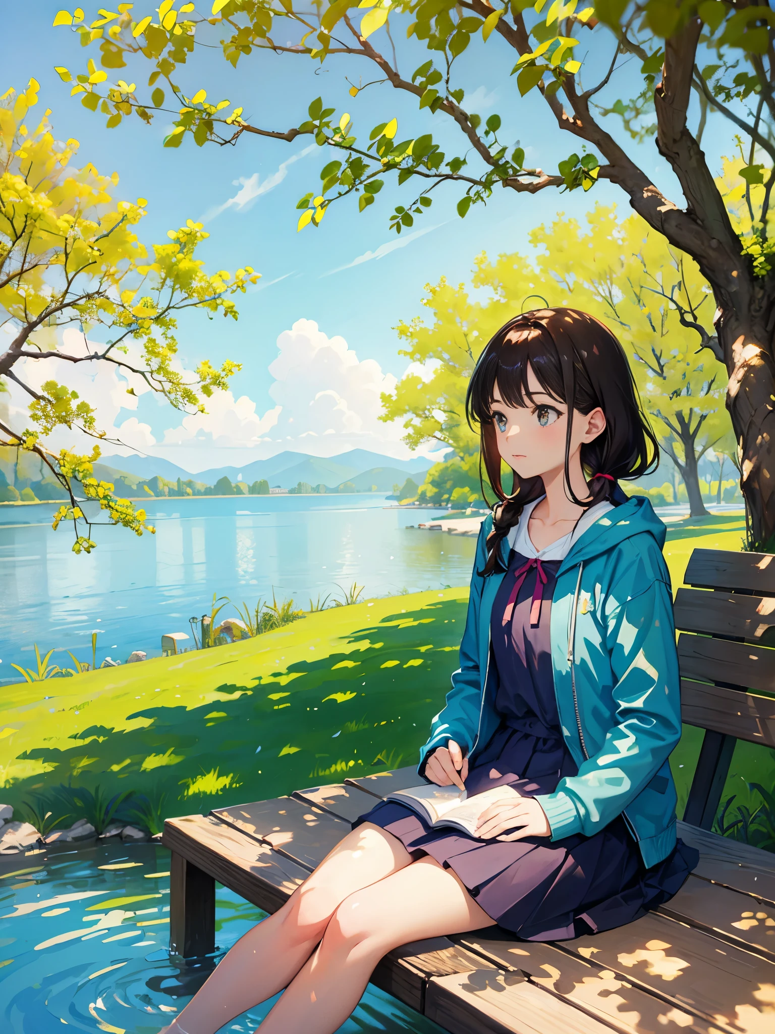 Girl reading a book by the lake, bright colors, spring, willow branches, where comfort, warm sunshine