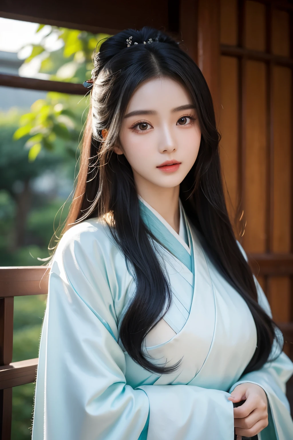 A 20-year-old Chinese beauty,Gorgeous Hanfu,sexy,long black hair,Color flows across her face,huge breasts,a ray of light