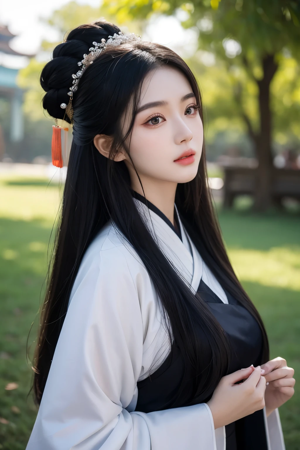 A 20-year-old Chinese beauty,Gorgeous Hanfu,sexy,long black hair,Color flows across her face,huge breasts,a ray of light