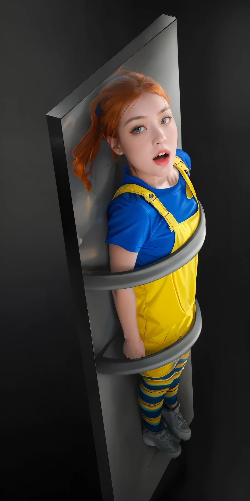 there is a young girl in a yellow vest and blue shirt and orange hair, advertising photo, promotional render, promotional image, toy commercial photo, promotional art, official render, official product photo, promo image, 3 d character, detailed digital art, reflective, best quality, 4k, masterpiece:1.2, ultra-detailed, realistic, vivid colors, dark and moody lighting, The image of the highest quality, ensuring every detail showcased perfectly. It in 4k resolution, allowing viewers to immerse themselves in the richness of the colors and intricate details. The realistic rendering. under the spotlight, reflecting, high-resolution image, realistic rendering, dark background, and rim light