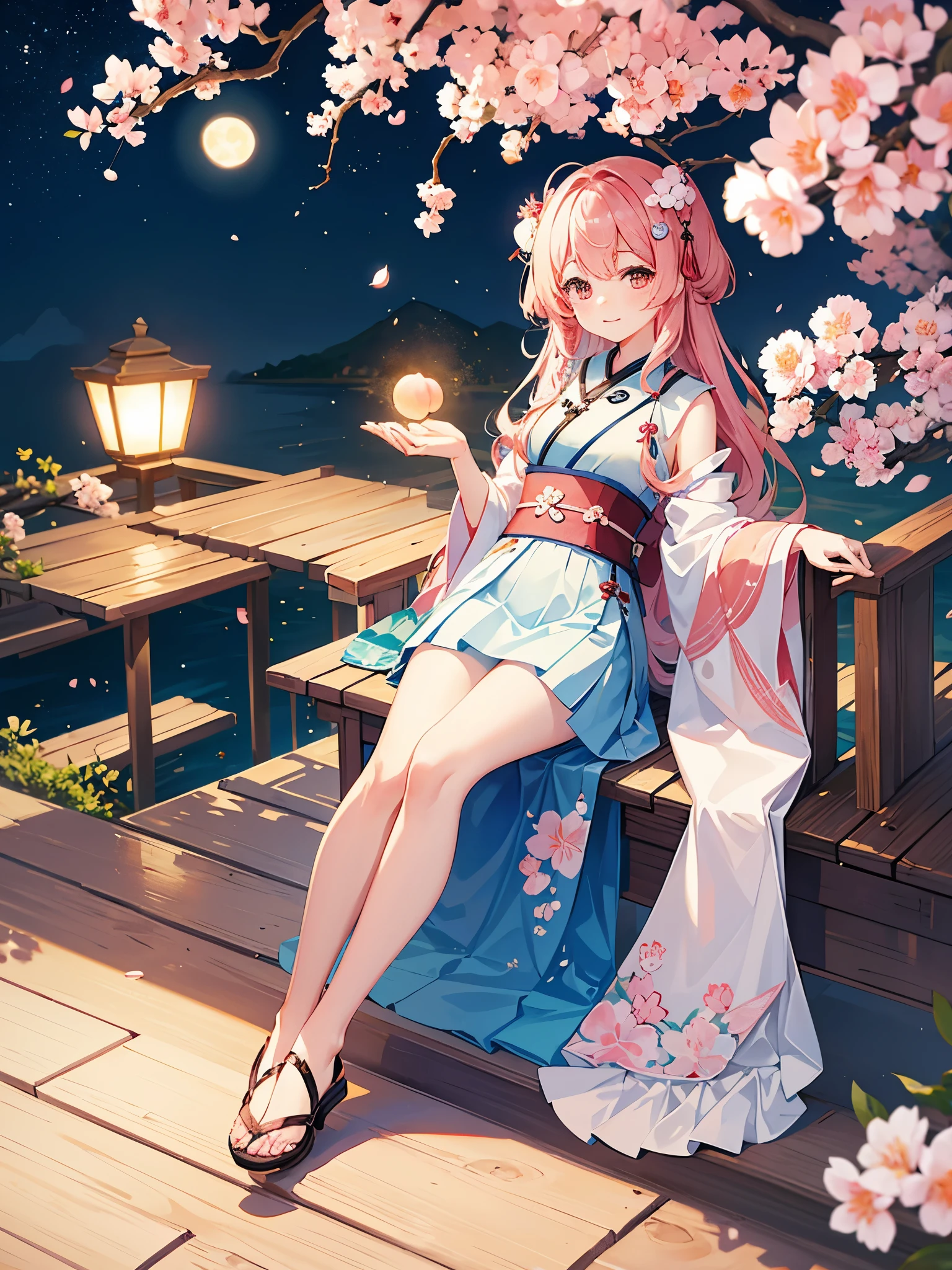 Under the peach blossom tree,With the moon as a background,A cute and lively girl,坐在Under the peach blossom tree。,Posthumous。