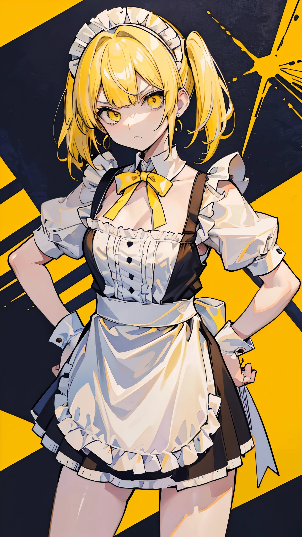(8K、best image quality、highest quality、masterpiece)、detailed face、yellow hair、short hair、twintails、blunt bangs、yellow eyes、angry eyes、earrings、small breasts、((maid))、((camisole))、short apron、miniskirt、leaning forward、Put your hands on your hips、Take from below、look down、cowboy shot、white and yellow background