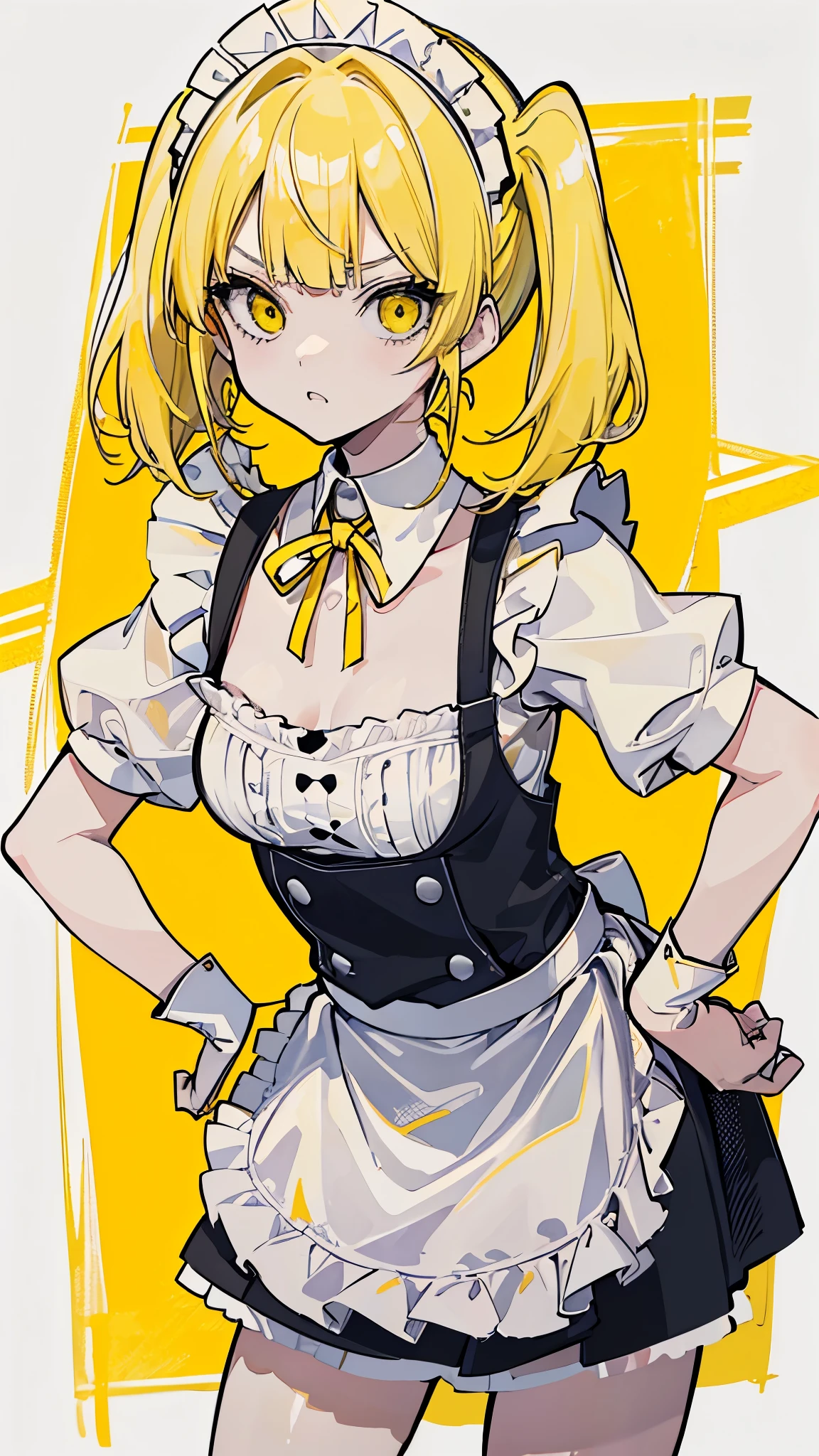 (8K、best image quality、highest quality、masterpiece)、detailed face、yellow hair、short hair、twintails、blunt bangs、yellow eyes、angry eyes、earrings、small breasts、((maid))、((camisole))、short apron、miniskirt、leaning forward、Put your hands on your hips、Take from below、look down、cowboy shot、((white and yellow background))