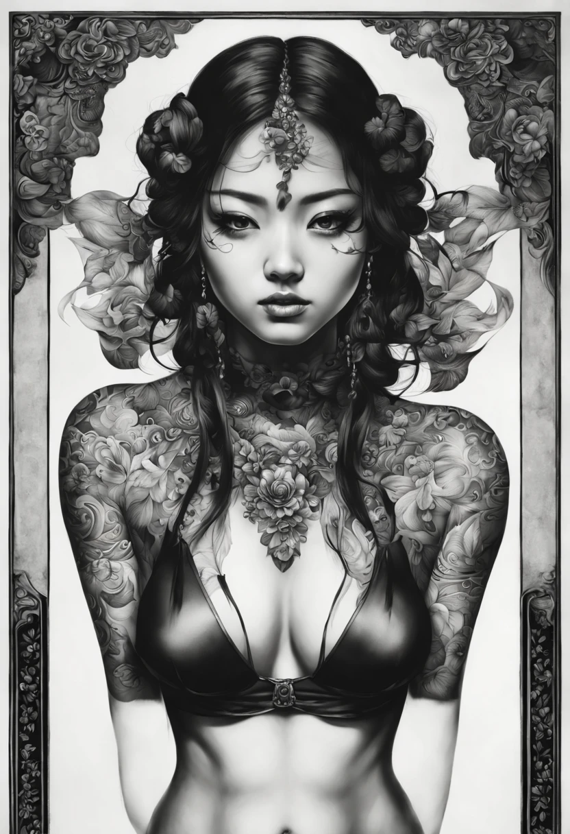 1girl, high resolution Black & White Ink paint stroked japanese tattoo