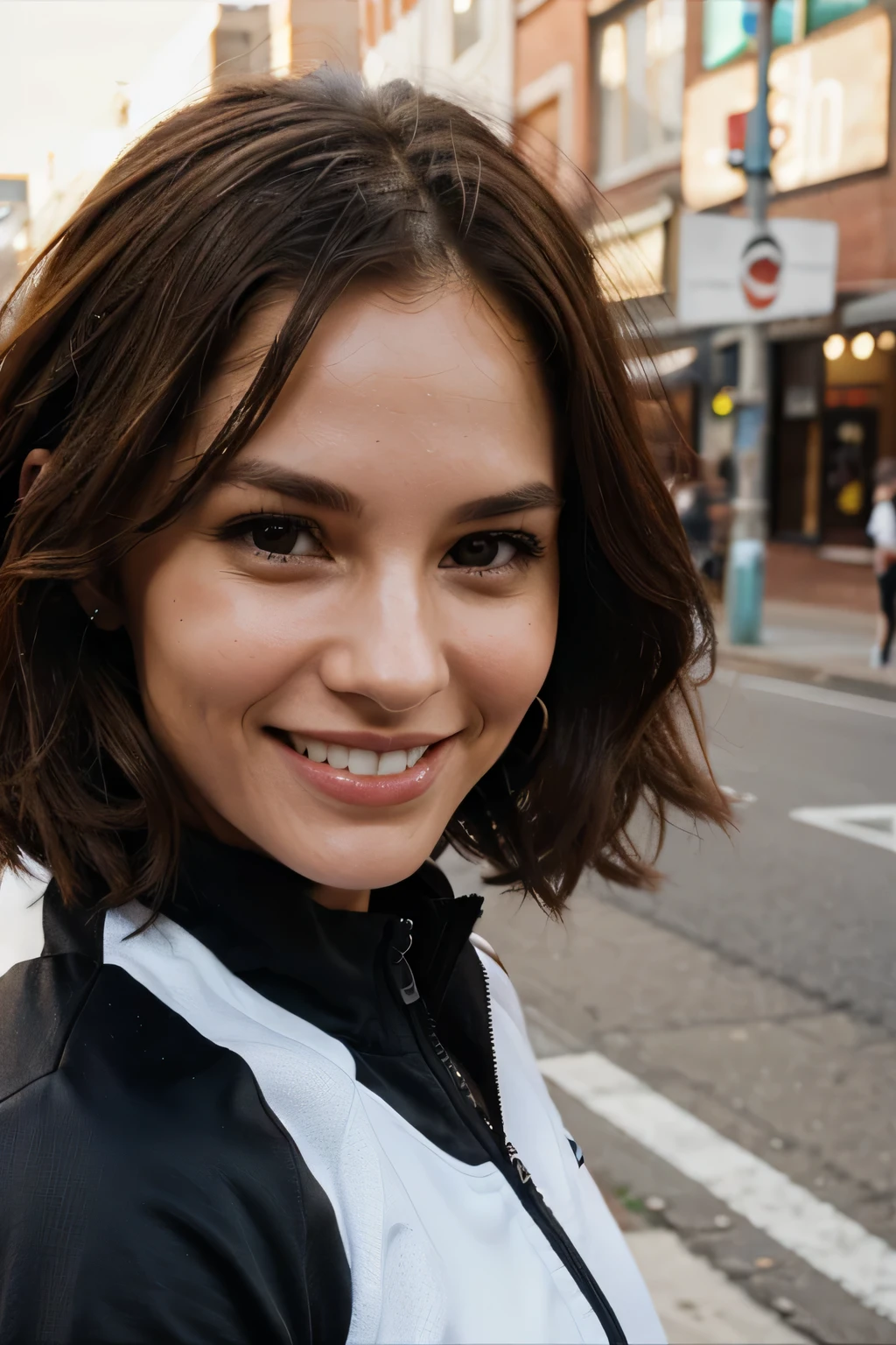 32 year old urban athletic woman with slender face, Sourire joyeux, cheveux bruns, et des yeux bruns.