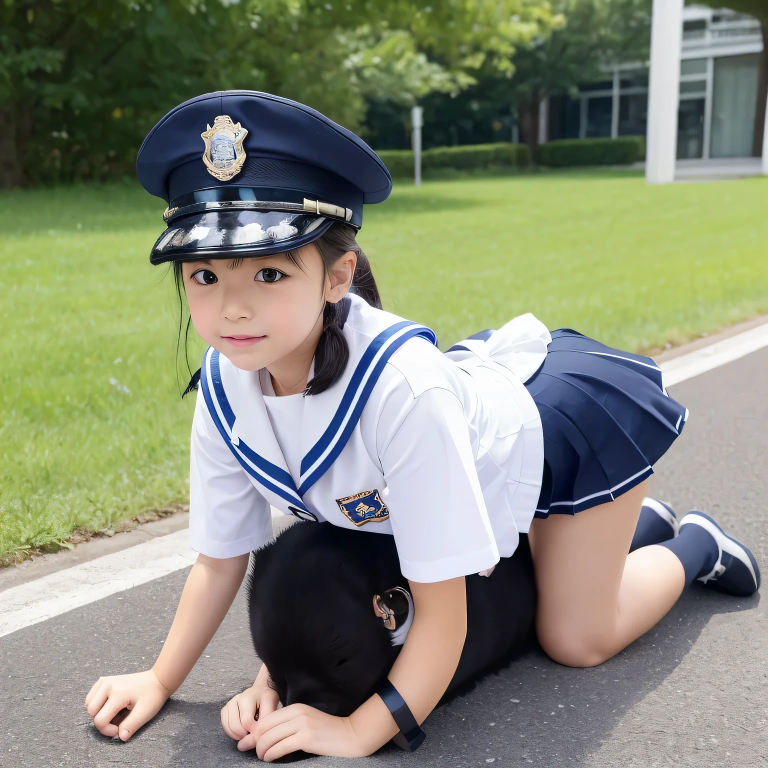 beautiful illustrations、highest quality、ultra high resolution、Professional specifications、(((Only one elementary school student))、light blue school sailor uniform、very short skirt、((Police Officer Cap))、short sleeve、&#39;face、(on all fours: 1.3)、Crouch start、adult man riding on back