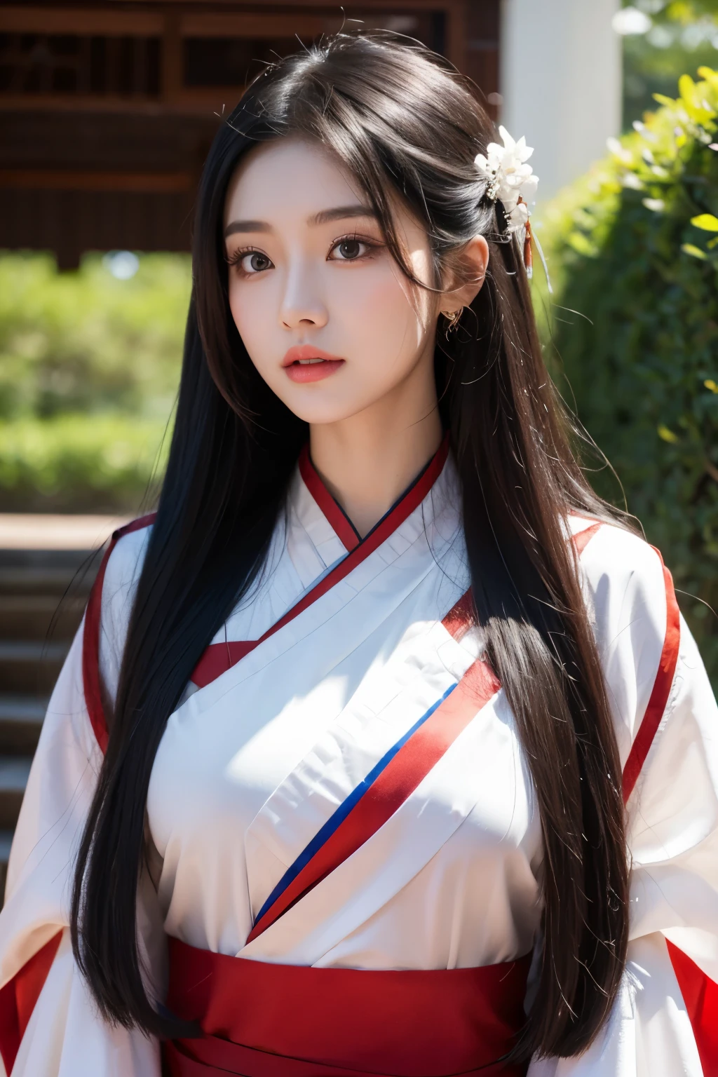 A 20-year-old Chinese beauty，Gorgeous Hanfu，sexy，long black hair，Color flows across her face，huge breasts，a ray of light