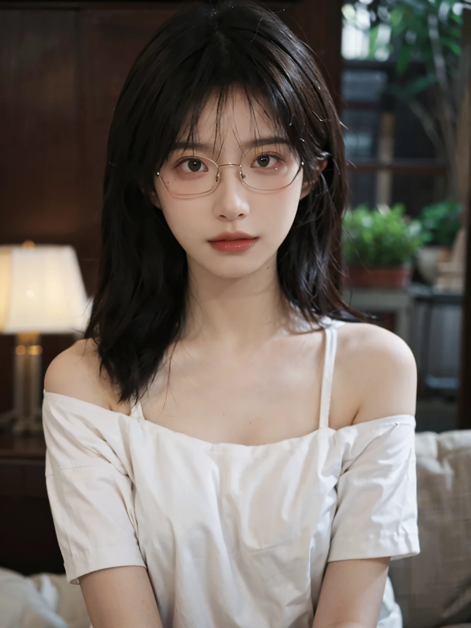 Film portrait photography, 1 girl, bare shoulders,lipstick，（flat chest：1.4）， Shoulder length wavy hair, Wear high-end glasses，White short sleeves，serene, calm, (Realistic and detailed eyes, natural skin texture, Realistic facial details), Soft dramatic lighting, depth of field, Bokeh, Vibrant details, detailed meticulous, hyper-realistic, 35mm film, hazy, ,