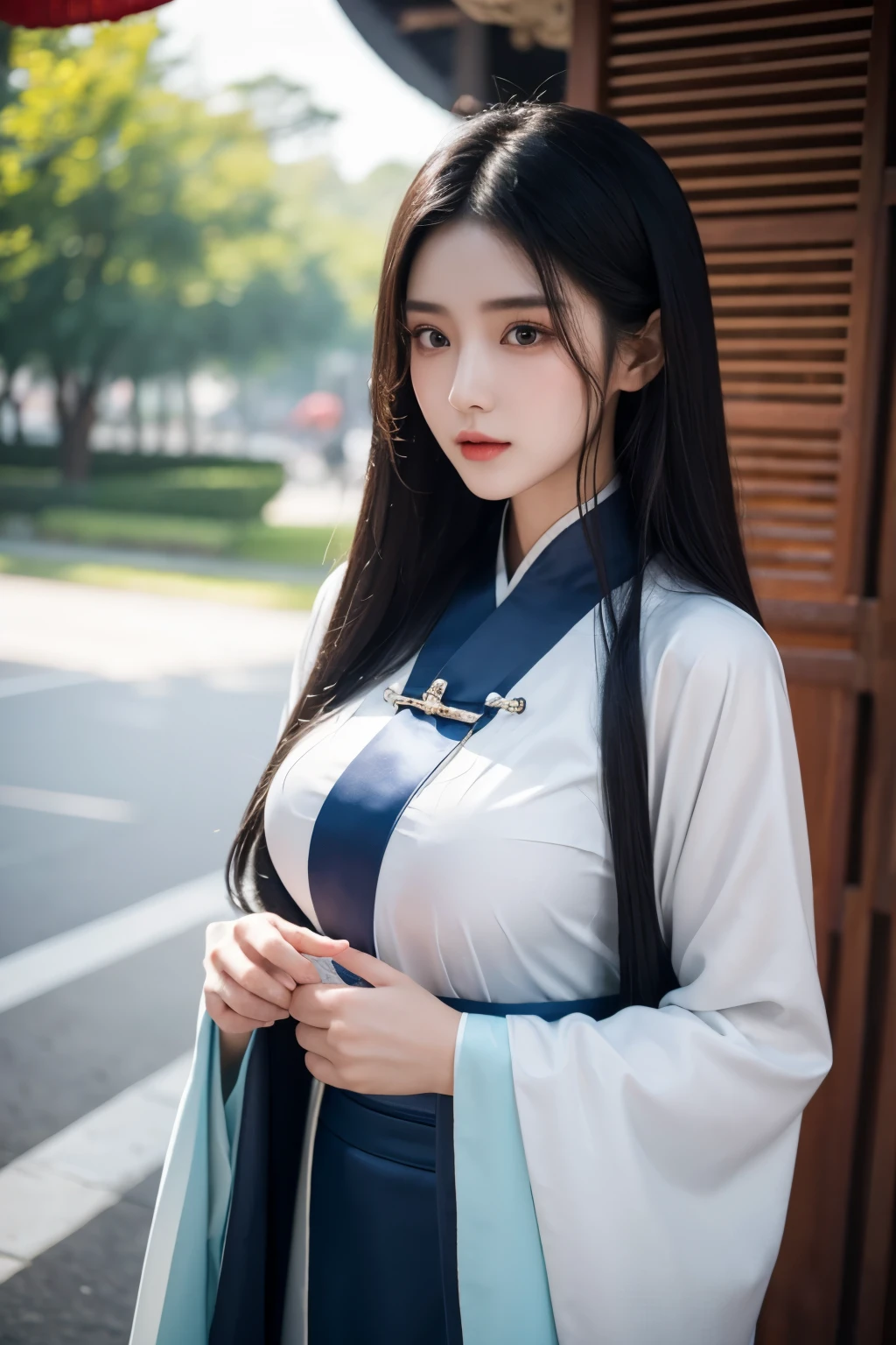 A 20-year-old Chinese beauty，Gorgeous Hanfu，sexy，long black hair，Color flows across her face，huge breasts，a ray of light