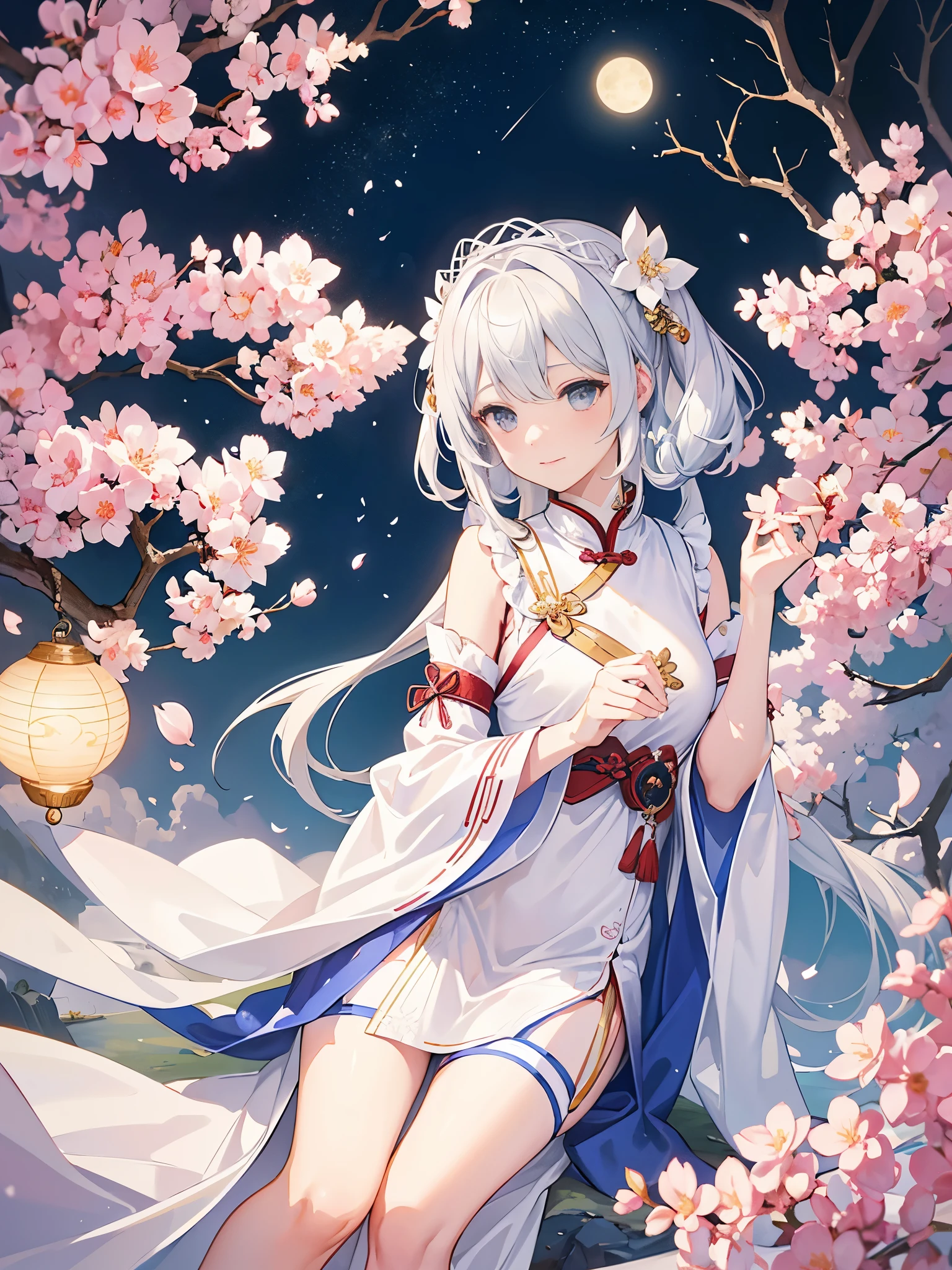 Under the peach blossom tree,With the moon as a background,The sky is filled with stars as a backdrop,a girl(Royal sister ,It's like a fairy)Wearing white silk(White in red,Key points reflected),Transparent apron(Traditional Chinese costume)perfect body proportions。Character expression settings:Blushing shyly。reveal ancient civilization。The blend of tradition and technology。The picture is very