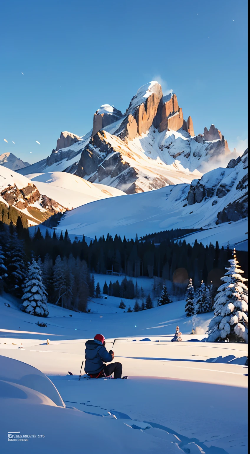 ((epic Mountains range)), Italian dolomites, best quality,ultra-detailed,realistic, landscape,majestic mountains,glowing white peaks,frozen lakes,crisp and cold air,skiing adventure,blue sky peeking through fluffy clouds,snow-capped mountain ranges,serene and peaceful atmosphere,majestic and awe-inspiring scenery,sublime beauty of nature,immersive snowy experience,photorealistic winter wonderland.