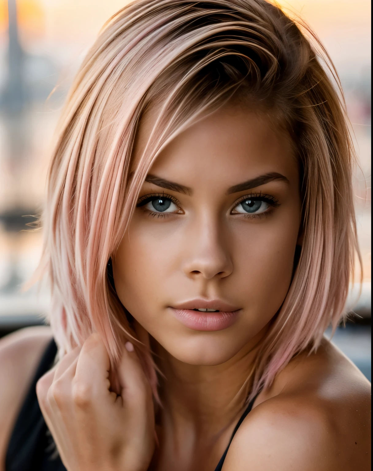 photoshoot of a model, natural light, professional, (4k photo:1.1) (Sharp focus:1.3), high detail, beautiful detailed face, hazel eyes, short pink hair, (attractive young woman:1.3), (seductive:1.1), (blushing:1.1), hourglass body shape, one girl, in black, (sitting at the counter of a modern café at sunset), realistic hands