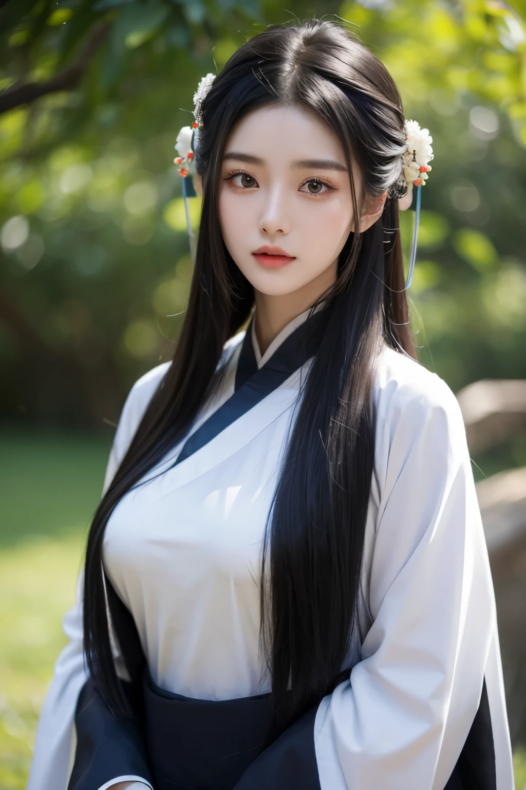 A 20-year-old Chinese beauty,Gorgeous Hanfu,sexy,long black hair,Color flows across her face,huge breasts,a ray of light