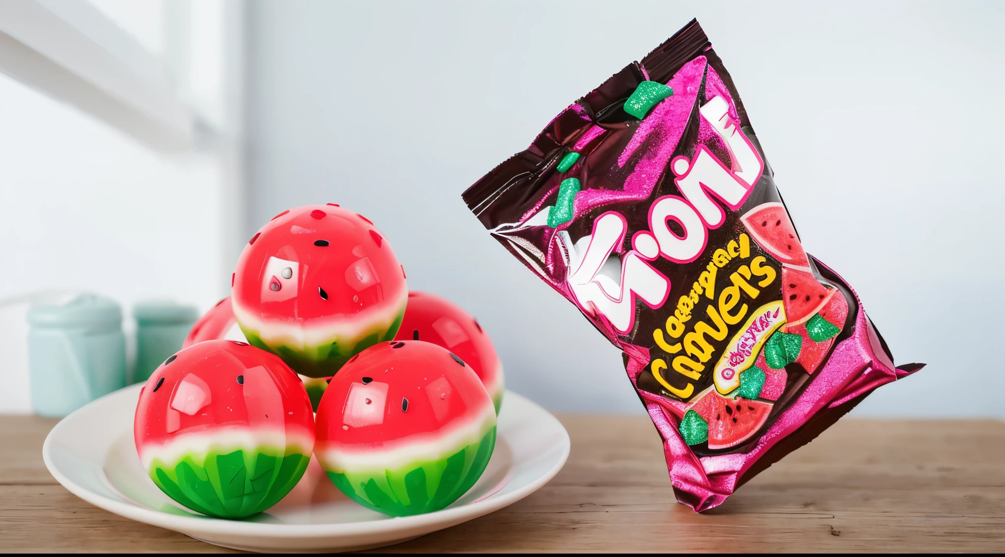there is a plate of watermelon Candies and a bag of pop, made of Candies, gummy Candies, made of Candies and lollypops, Candies, sculpted out of Candies, Candies worms, Wow, Candies, Watermelons, everything is made of Candies, false, Tumblr, jelly, inspired by Kraola, Realistic scent, Candies decorations, New design, Solid on a wooden table top, real wood texture, kitchen drawers in the background, на тарелке четыре Candies в форме арбуза, мармеладные Candies, next to it is a pack of chewing candies, cellophane packaging, Minnie, 4k photo of food from polymer clay, Candies и леденцы, realistic textures, realistic style, Detailed textures, macro photography, Advertising photography, Food Photography, ultra 4k hd