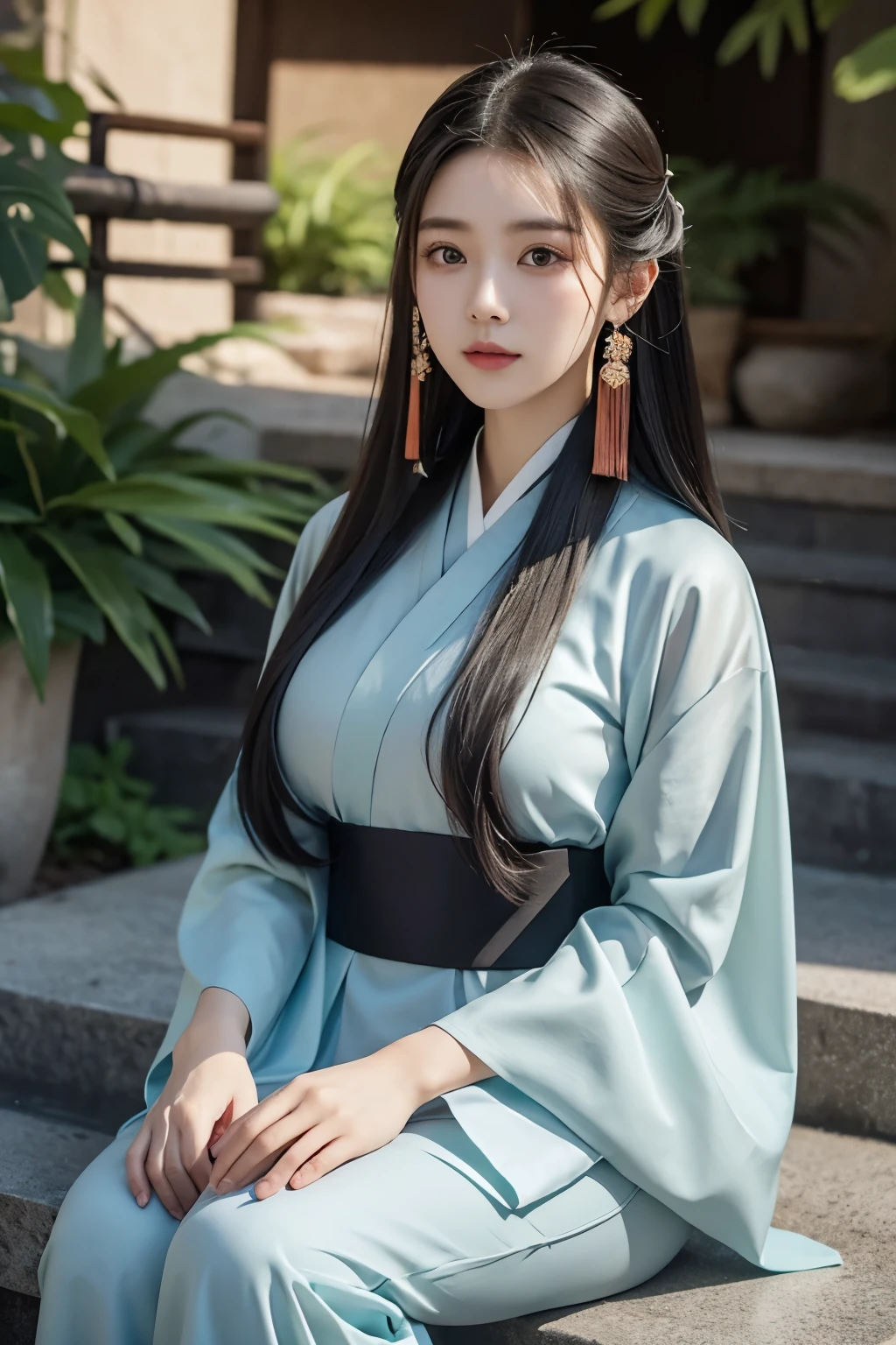 A 20-year-old Chinese beauty,Gorgeous Hanfu,sexy,long black hair,Color flows across her face,huge breasts,a ray of light