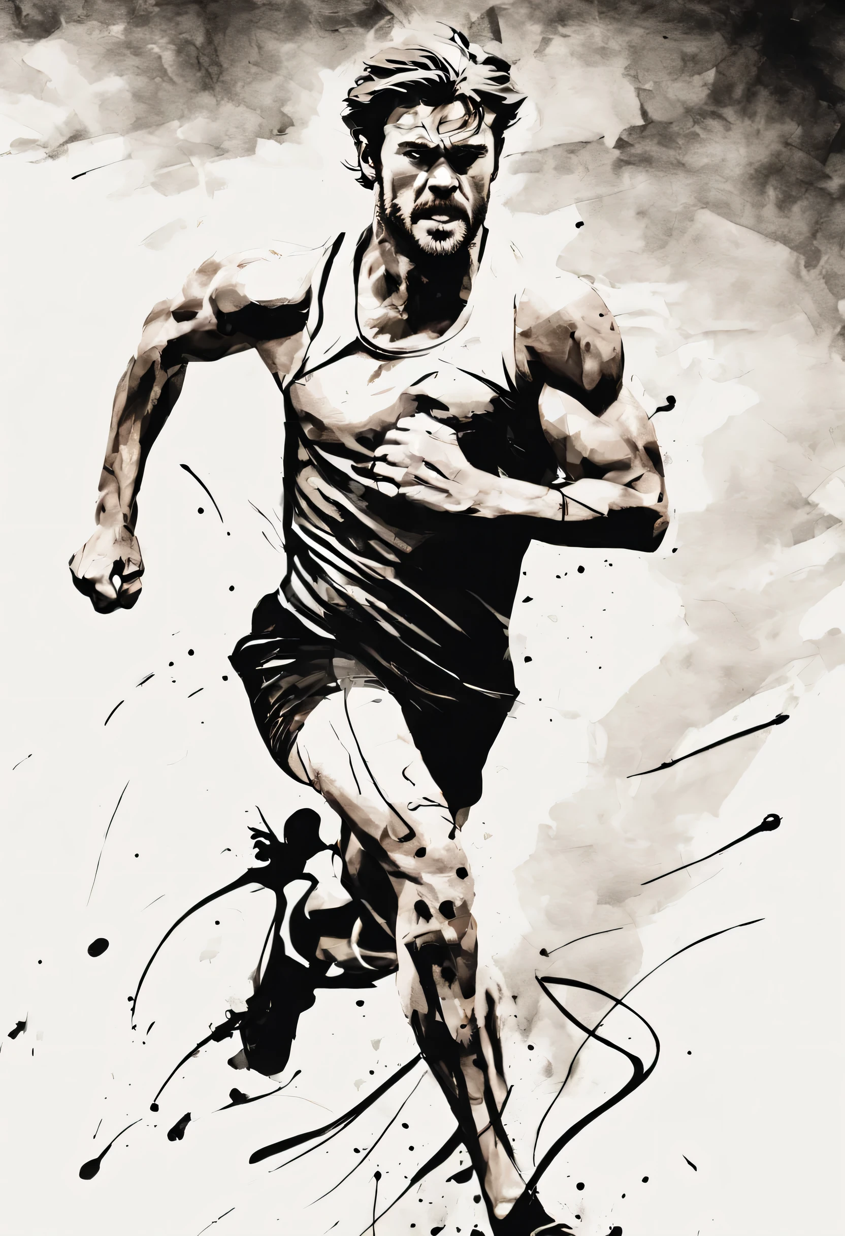 An ink style picture of a distance runner (natalie portman) pain, anguish and sweat, tortured face and body from running, Outlined in black ink, the figure is depicted with smooth lines, expressing emotions and posture through the contrast of ink density. The background is minimalist, emphasizing light, shadow, and spatial perception.