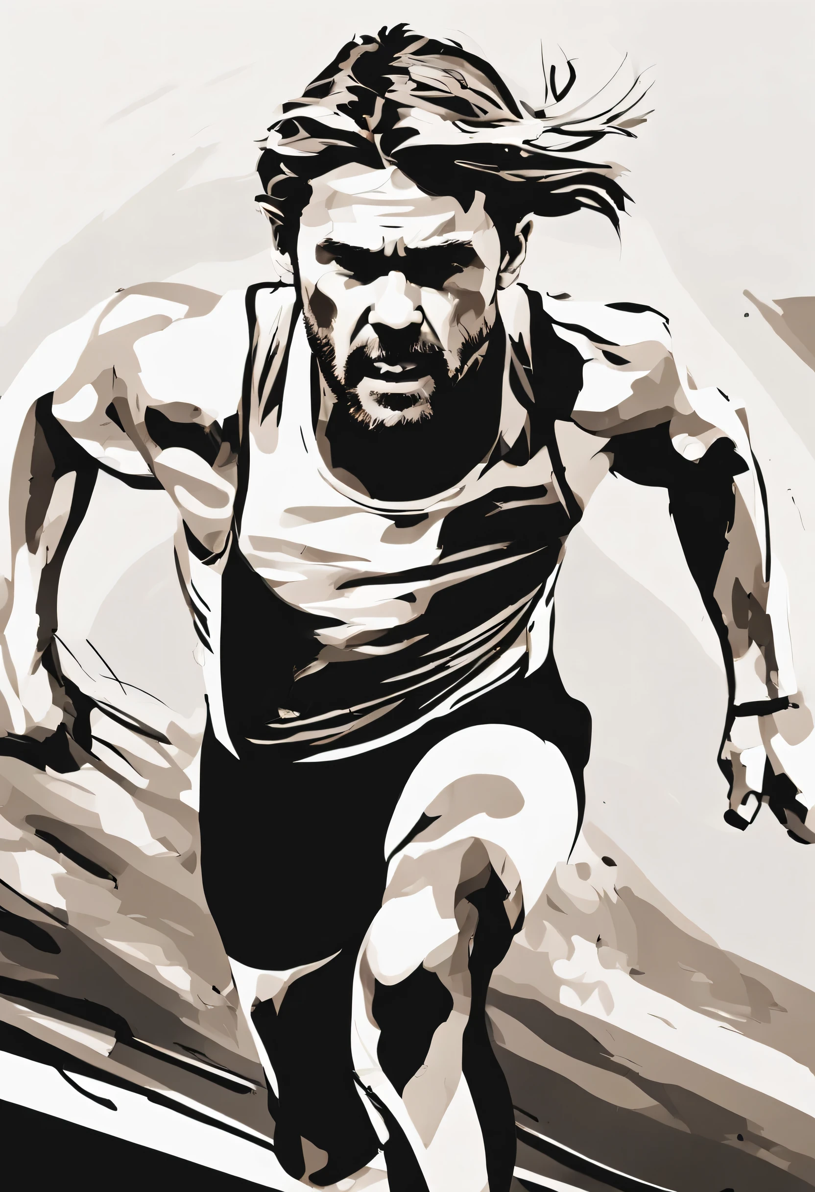 An ink style picture of a distance runner (natalie portman) pain, anguish and sweat, tortured face and body from running, Outlined in black ink, the figure is depicted with smooth lines, expressing emotions and posture through the contrast of ink density. The background is minimalist, emphasizing light, shadow, and spatial perception.