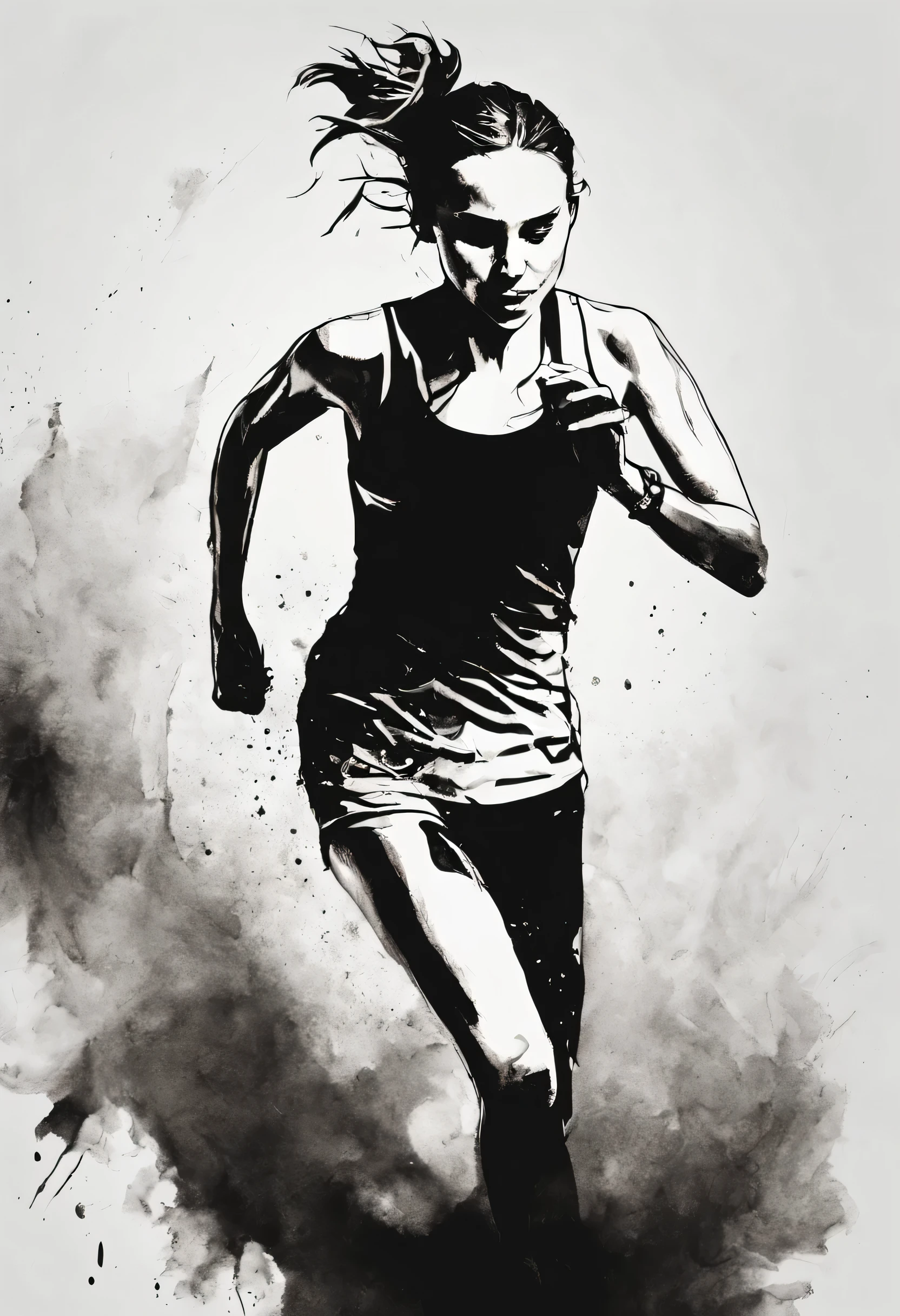 An ink style picture of a distance runner (natalie portman) pain, anguish and sweat, tortured face and body from running, Outlined in black ink, the figure is depicted with smooth lines, expressing emotions and posture through the contrast of ink density. The background is minimalist, emphasizing light, shadow, and spatial perception.