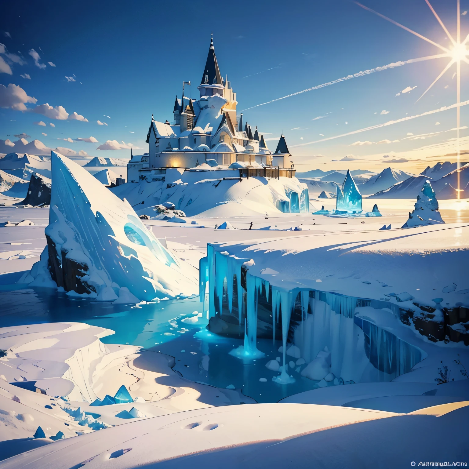 (masterpiece: 1.2, best quality), actual, (actual Picture, intricate details, depth of field), best quality, masterpiece, Level light and shadow,Ray tracing,Very detailed, towns,township,City,Extreme cold,The cold wind howled,Ice cave,iceberg,sea,Glass,towns,white snow,Blue sky and white clouds,White filter,Cold,iceberg,Arctic,Cold