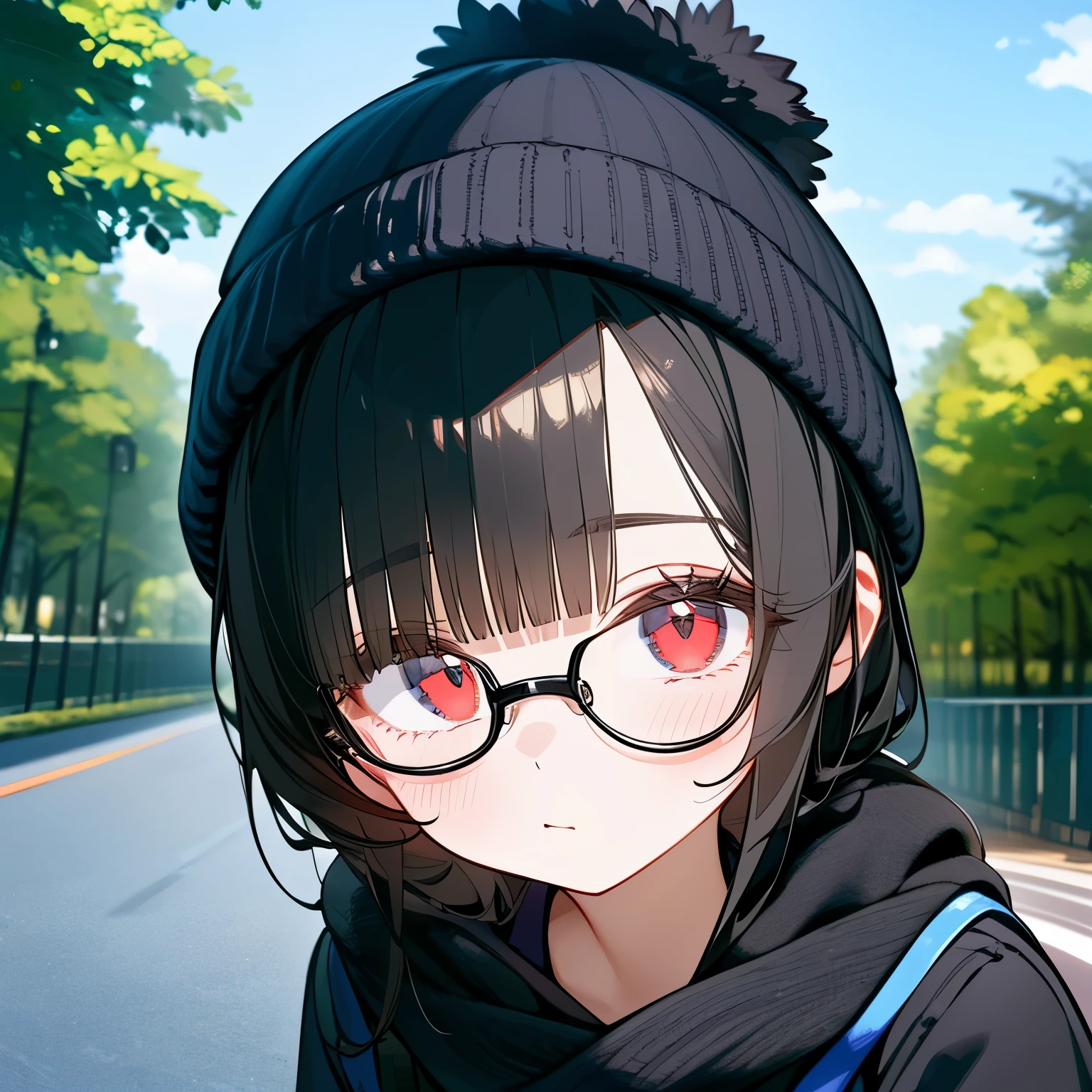 (masterpiece), best quality, expressive eyes, perfect face, red eye, black beanie, fluffy cut black hair, black scarf, black school sweater, short skirt, Round Glasses Black, park,