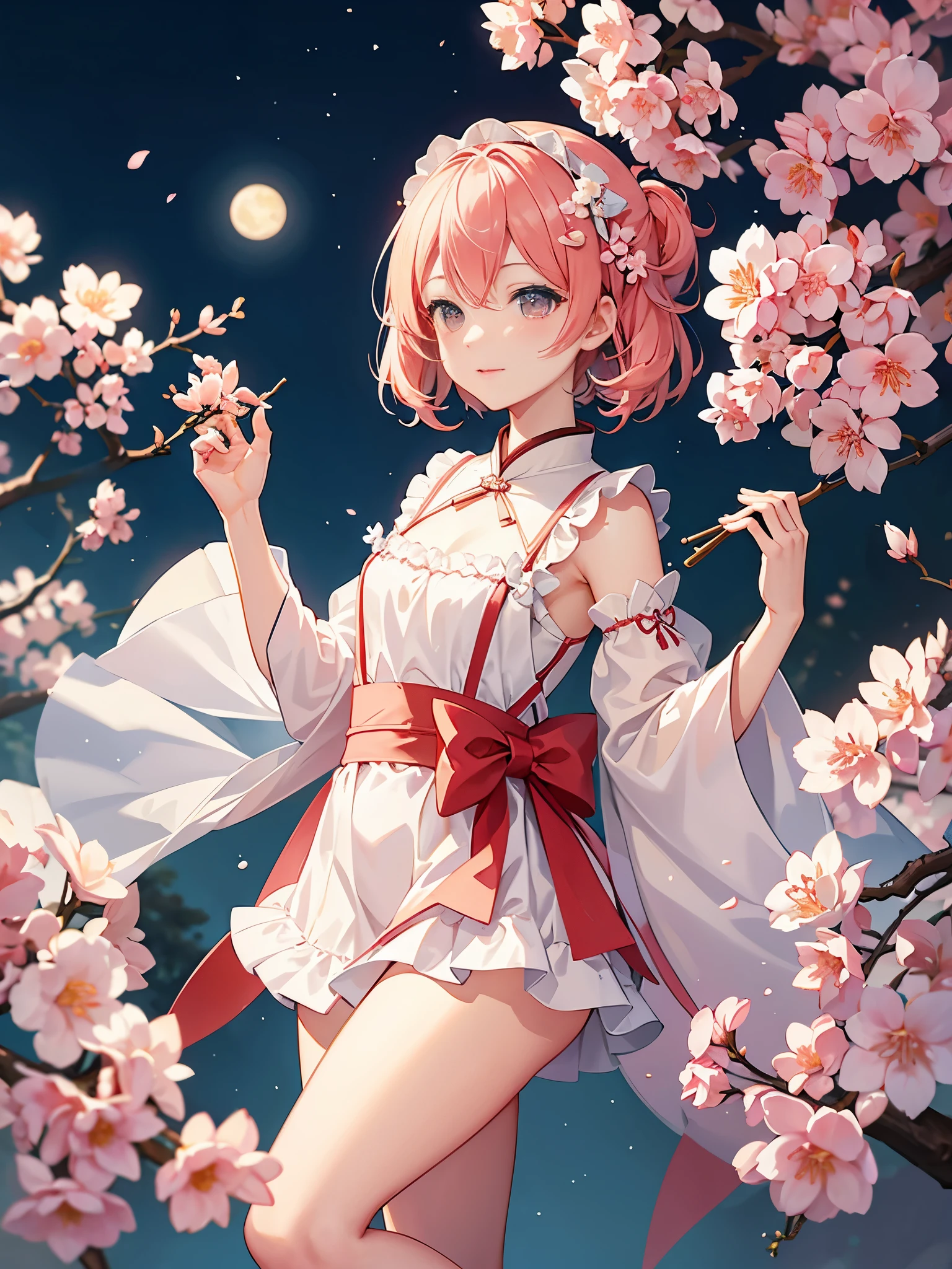 Under the peach blossom tree,With the moon as a background,The sky is filled with stars as a backdrop,a girl(Royal sister ,It's like a fairy)Wear a white suspender(White in red,Key points reflected),Transparent apron。perfect body proportions。Character expression settings:Blushing shyly。Action settings:坐在Under the peach blossom tree,Looking forward to people from afar。The picture is very beautiful
