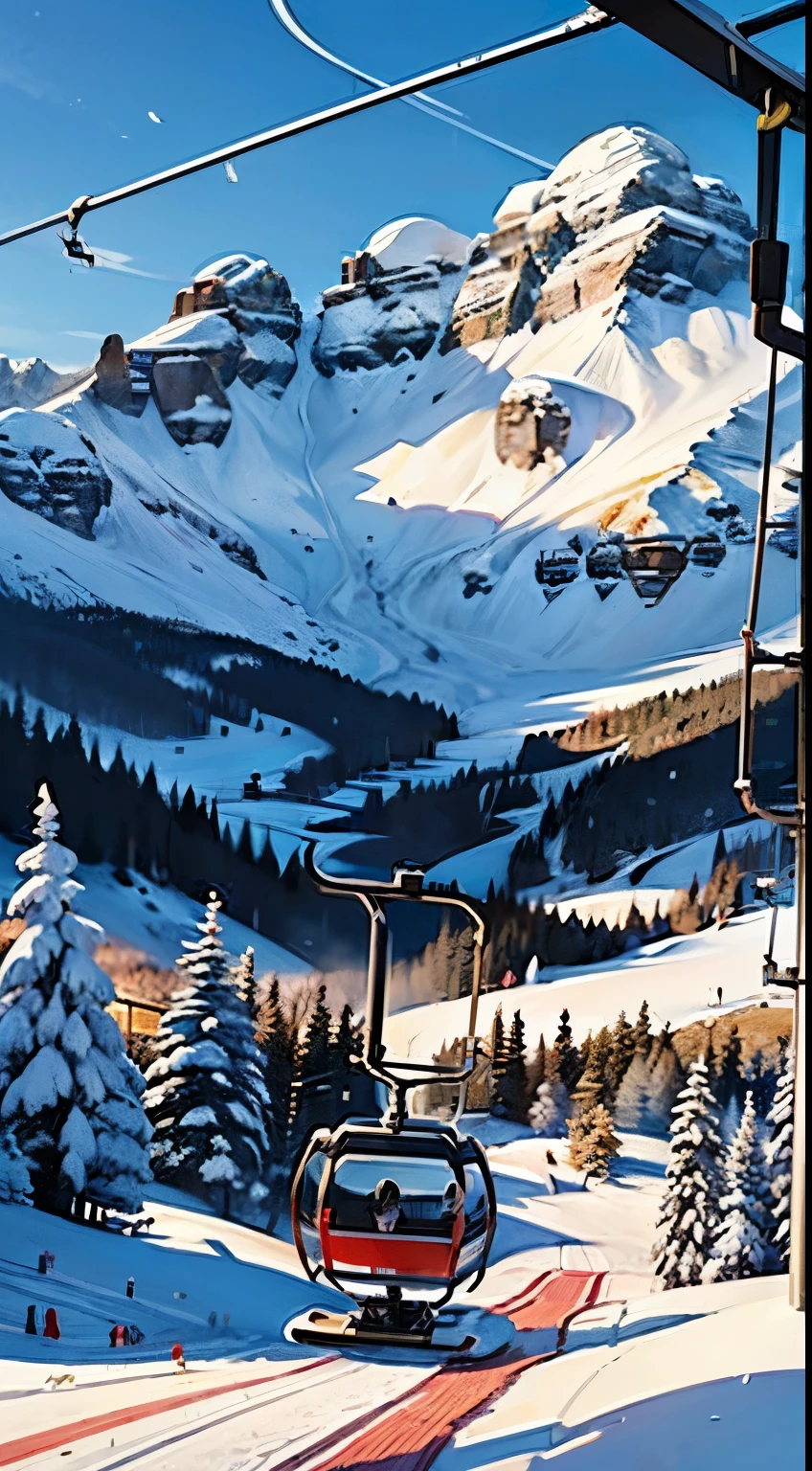 (((((ski-lift))))), (Italian dolomites), best quality,ultra-detailed,realistic, landscape,majestic mountains,glowing white peaks,frozen lakes,crisp and cold air,skiing adventure,blue sky peeking through fluffy clouds,snow-capped mountain ranges,serene and peaceful atmosphere,majestic and awe-inspiring scenery,sublime beauty of nature,immersive snowy experience,photorealistic winter wonderland.