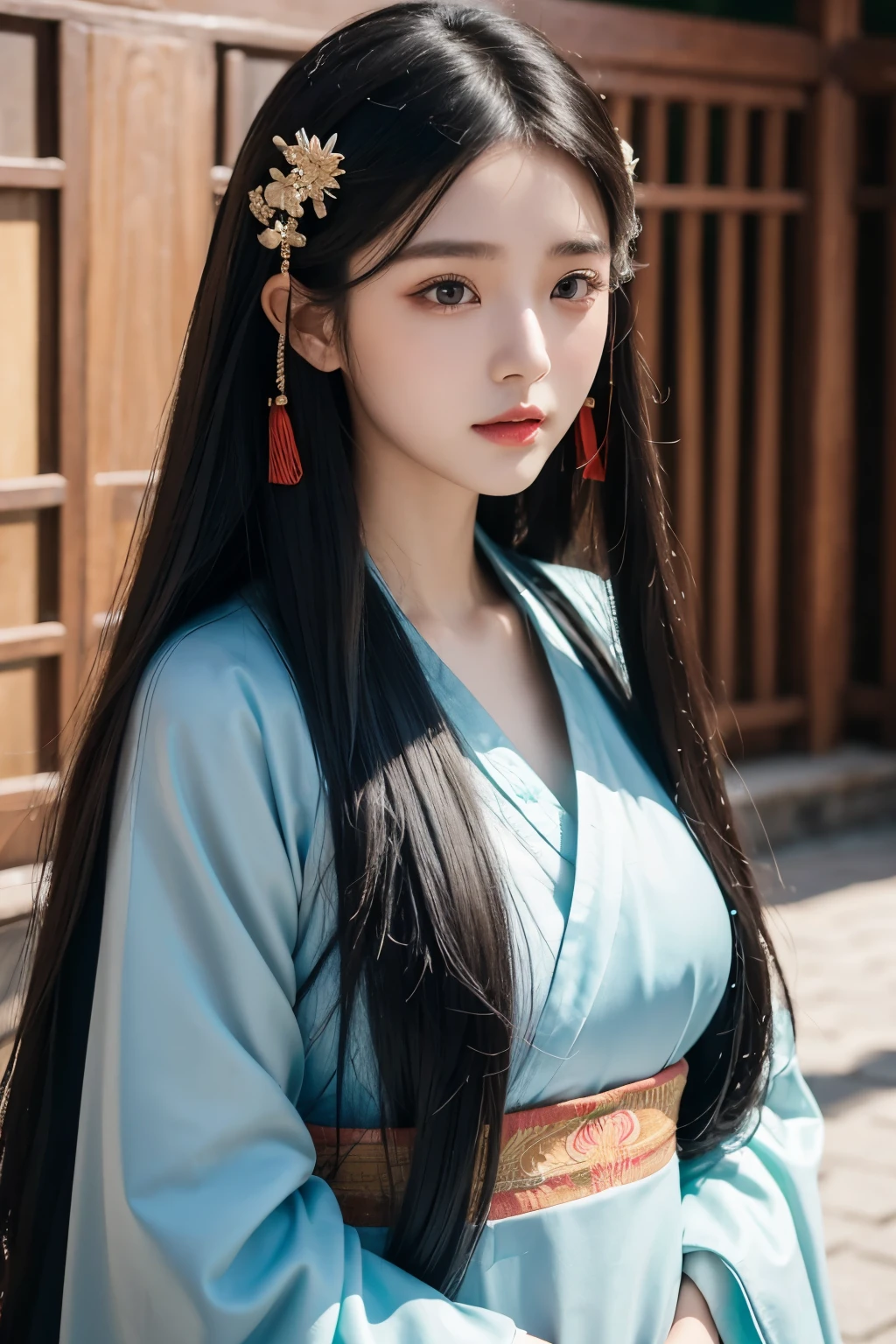 A 20-year-old Chinese beauty,Gorgeous Hanfu,sexy,long black hair,Color flows across her face,huge breasts,a ray of light