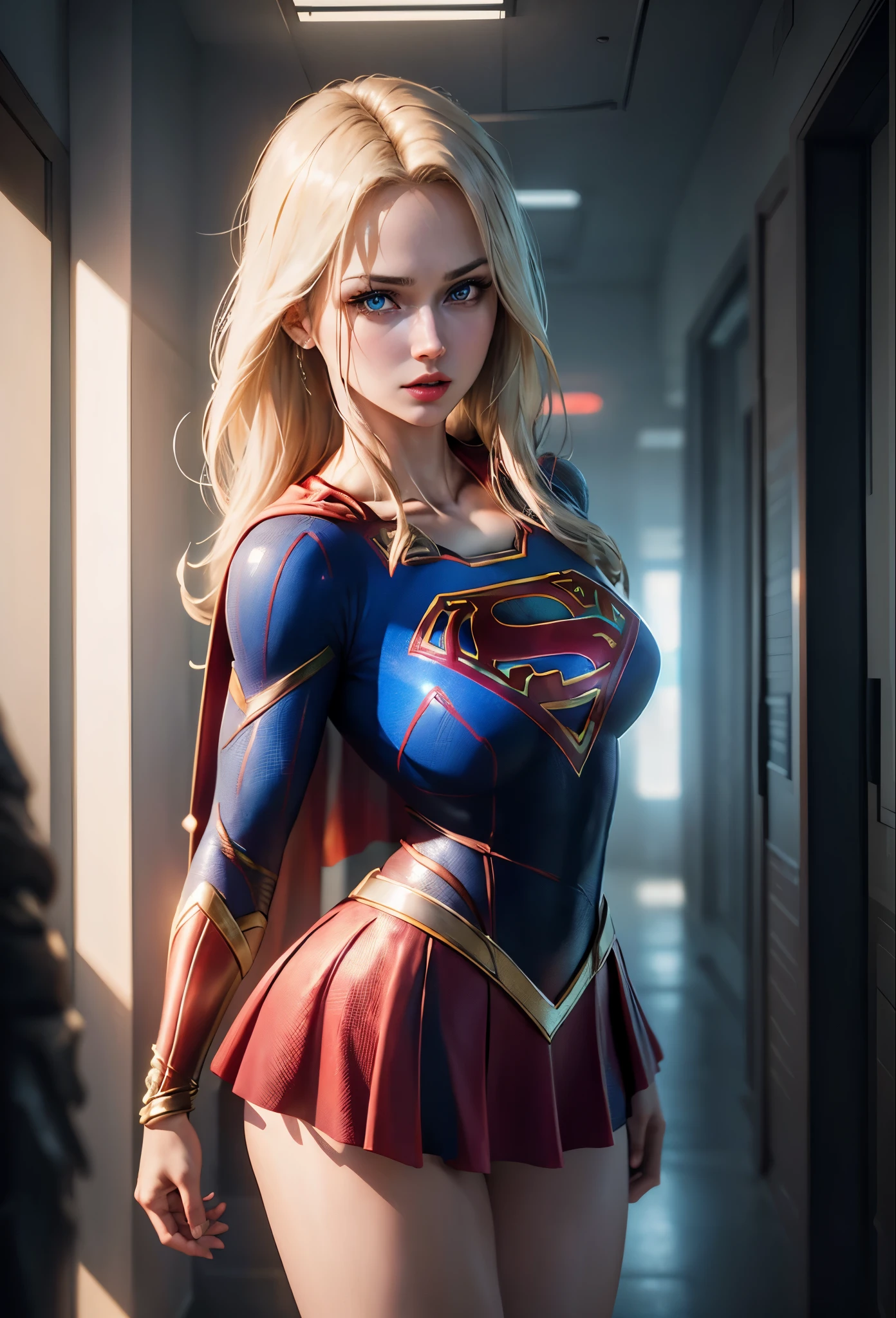 ((Best Supergirl Quality)), ((masterpiece)), (detailed: 1.4), 3D, an image of a beautiful blonde woman with cyberpunk blue eyes,HDR (High Dynamic Range),Ray Tracing,NVIDIA RTX,Super-Resolution,Unreal 5,Subsurface Dispersion, PBR Texture, Post-processing, Anisotropic filtering, Depth of field, Maximum clarity and sharpness, Multilayer textures, Albedo and specular maps, Surface shading, Accurate simulation of light-material interaction,  Perfect Proportions, Octane Render, Two-Tone Lighting,Wide Aperture,Low ISO,White Balance,Rule of Thirds,8K RAW, Using Superman S symbol on Chest. Cyberpunk.