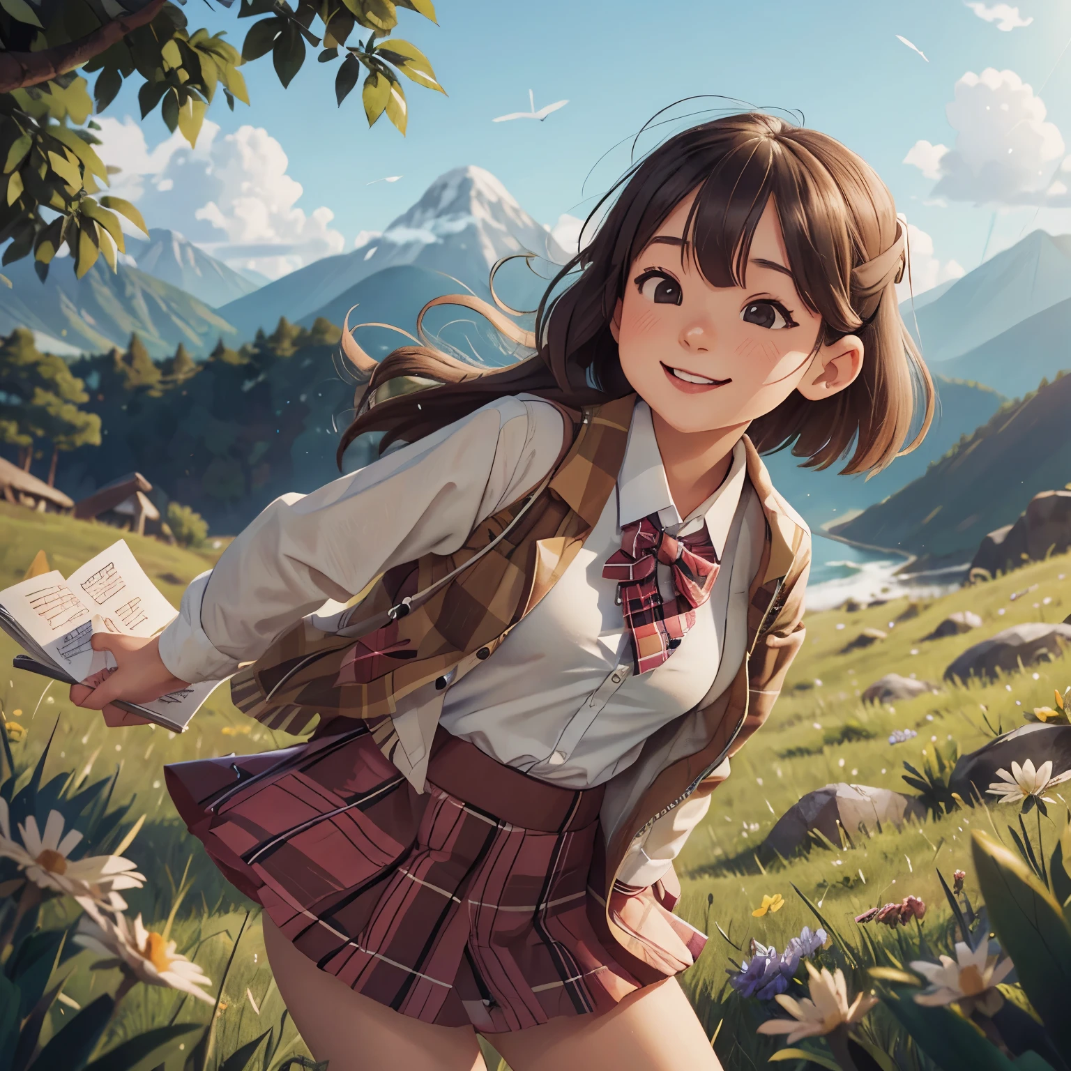 masterpiece, high quality best quality,1girl, bangs, beach, blue_sky, blush, bow, breasts, checkered, checkered_shirt, checkered_skirt, cloud, cloudy_sky, collarbone, day, envelope, giving, grass, hair_bow, heart, holding, holding_letter, horizon, incoming_gift, kazami_yuuka, leaning_forward, lens_flare, letter, light_rays, long_hair, looking_at_viewer, love_letter, mountain, mountainous_horizon, ocean, outdoors, plaid, plaid_background, plaid_bikini, plaid_bow, plaid_bowtie, plaid_bra, plaid_dress, plaid_headwear, plaid_jacket, plaid_legwear, plaid_necktie, plaid_neckwear, plaid_panties, plaid_pants, plaid_ribbon, plaid_scarf, plaid_shirt, plaid_skirt, plaid_vest, pov, shirt, skirt, sky, smile, solo, sun, sunbeam, sunlight, tree, unmoving_pattern
