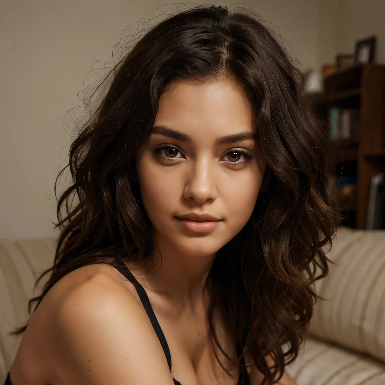 Sexy model dark curly hair brown eyes