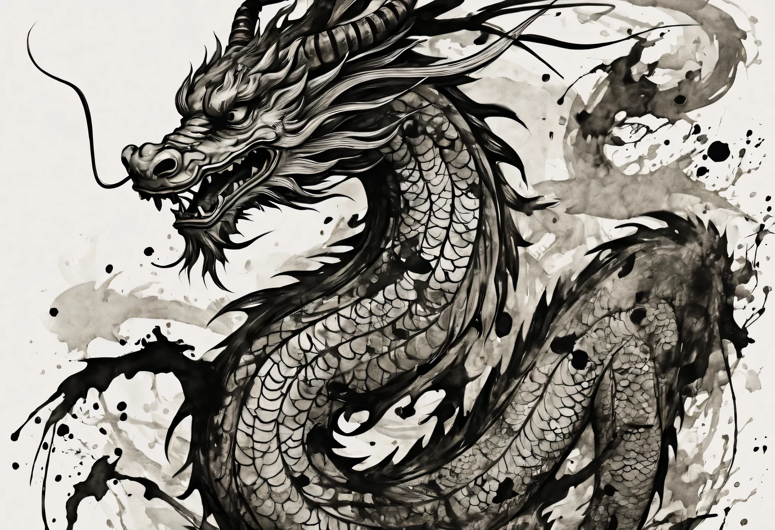 Ink style drawing, Chinese dragon, Contemporary art, black ink style, thin ink lines, Blows, Blows, stains, drops, Streaks, negative effect