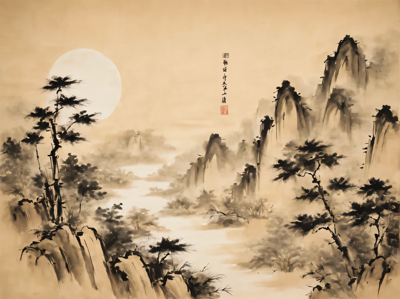 Ink style drawing, Chinese art, Ink painting on fabric, moon, bamboo, mountains, pines, Beige uneven background