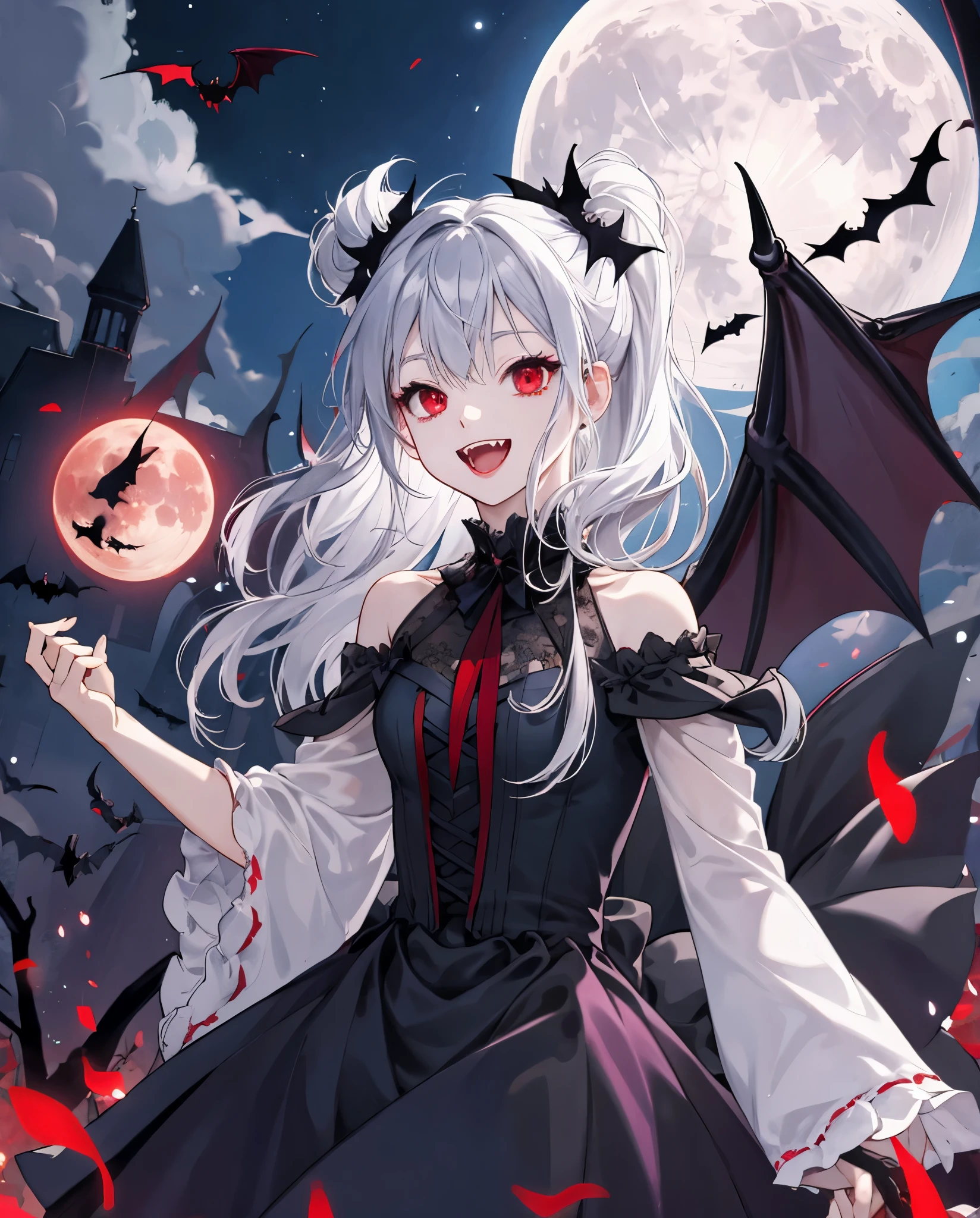 Bats
dress
silver hair、One Vampire Girl、red eyes、off shoulders、a moon、natta, smile, open mouth, fangs
