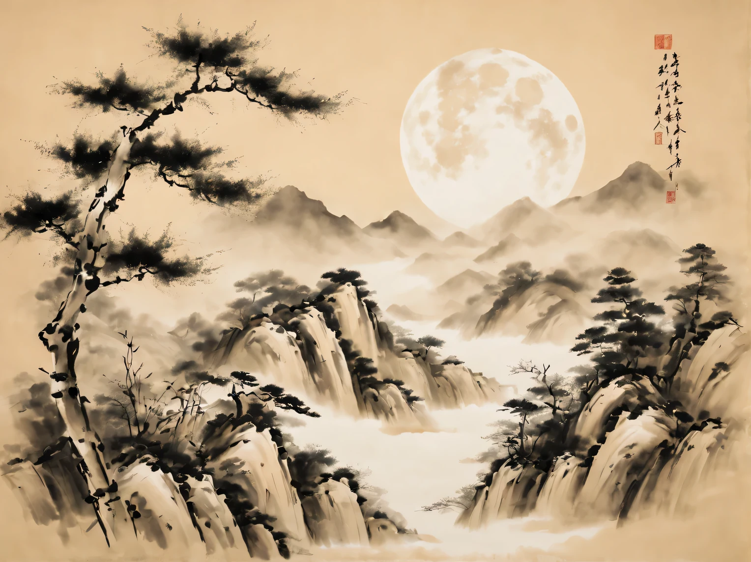 Ink style drawing, Chinese art, Ink painting on fabric, moon, bamboo, mountains, pines, Beige uneven background