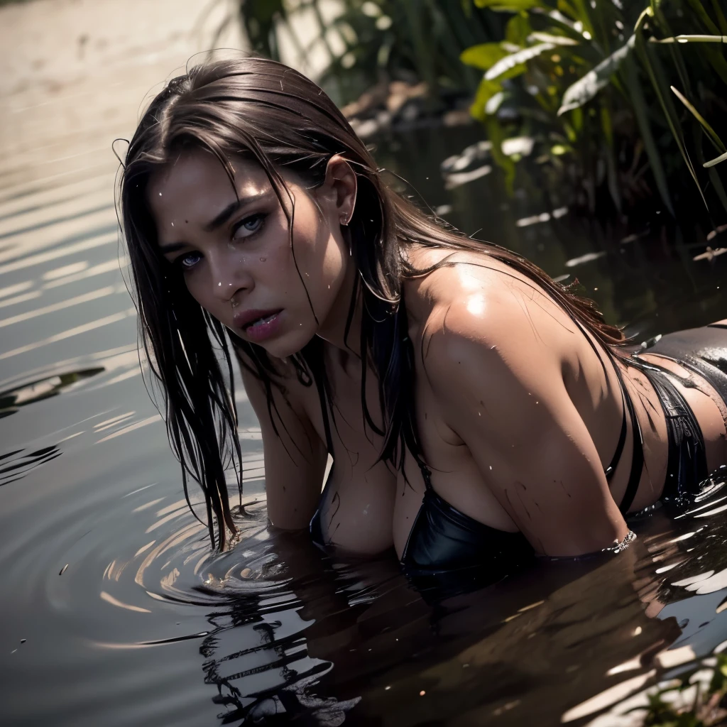 (Best Quality,hight resolution:1.2),A woman is trapped in a shameful fetish,heavy breathing, (sweaty face:1.2), (strong blush:1.2),(Tormented by lust:1.3),standingn,(Drowned in the swamp:1.2),Shame and lust tear her apart.........,in jeans and a shabby black and brown leather jacket,An atmosphere of shame and despair,embarrassed expression,Desire in Her Eyes,Withered Flowers,deep, cloudy water,overgrown vegetation,,,,,,,,,,moody lighting,raw and gloomy,reflective surface,ripples on the water,Muddy colors,Intrusive atmosphere.Bright lipstick, gloomy ecstasy, (dry humping session)