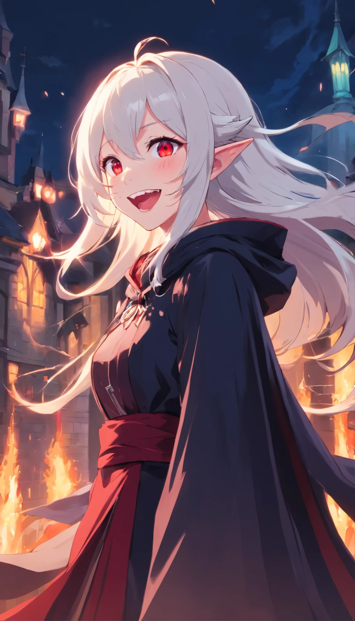 borgar,laughingly,a black cloak,Vampires,the elf,Long white hair,eventide,red color eyes, smiles, open mouth, fangs