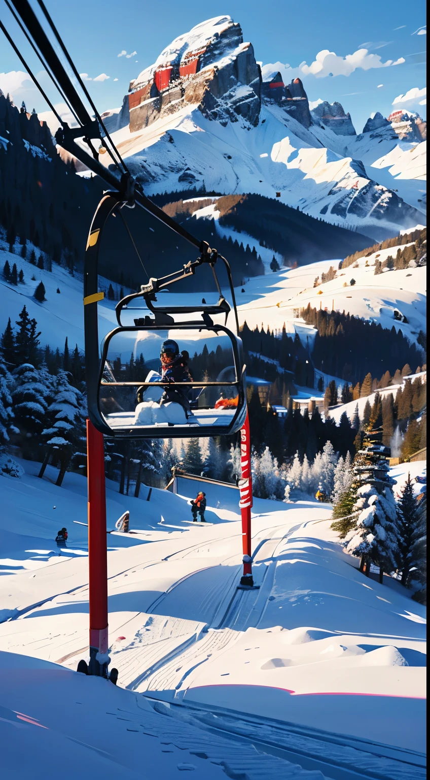 ((((ski-lifts)))), (Italian dolomites), ((people skiing)),best quality,ultra-detailed,realistic, landscape,majestic mountains,glowing white peaks,frozen lakes,crisp and cold air,skiing adventure,blue sky peeking through fluffy clouds,snow-capped mountain ranges,serene and peaceful atmosphere,majestic and awe-inspiring scenery,sublime beauty of nature,immersive snowy experience,photorealistic winter wonderland.