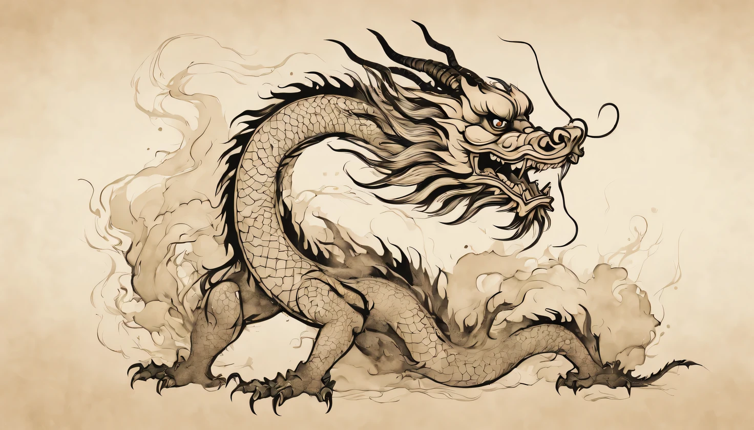 Ink style drawing, Outlined in black ink, the figure of the Chinese dragon is depicted in smooth lines, expressing emotions and posture due to contrasting ink density, background - dirty-light-beige gradient, highlighting light, shadow and spatial perception of the image of the Chinese dragon.