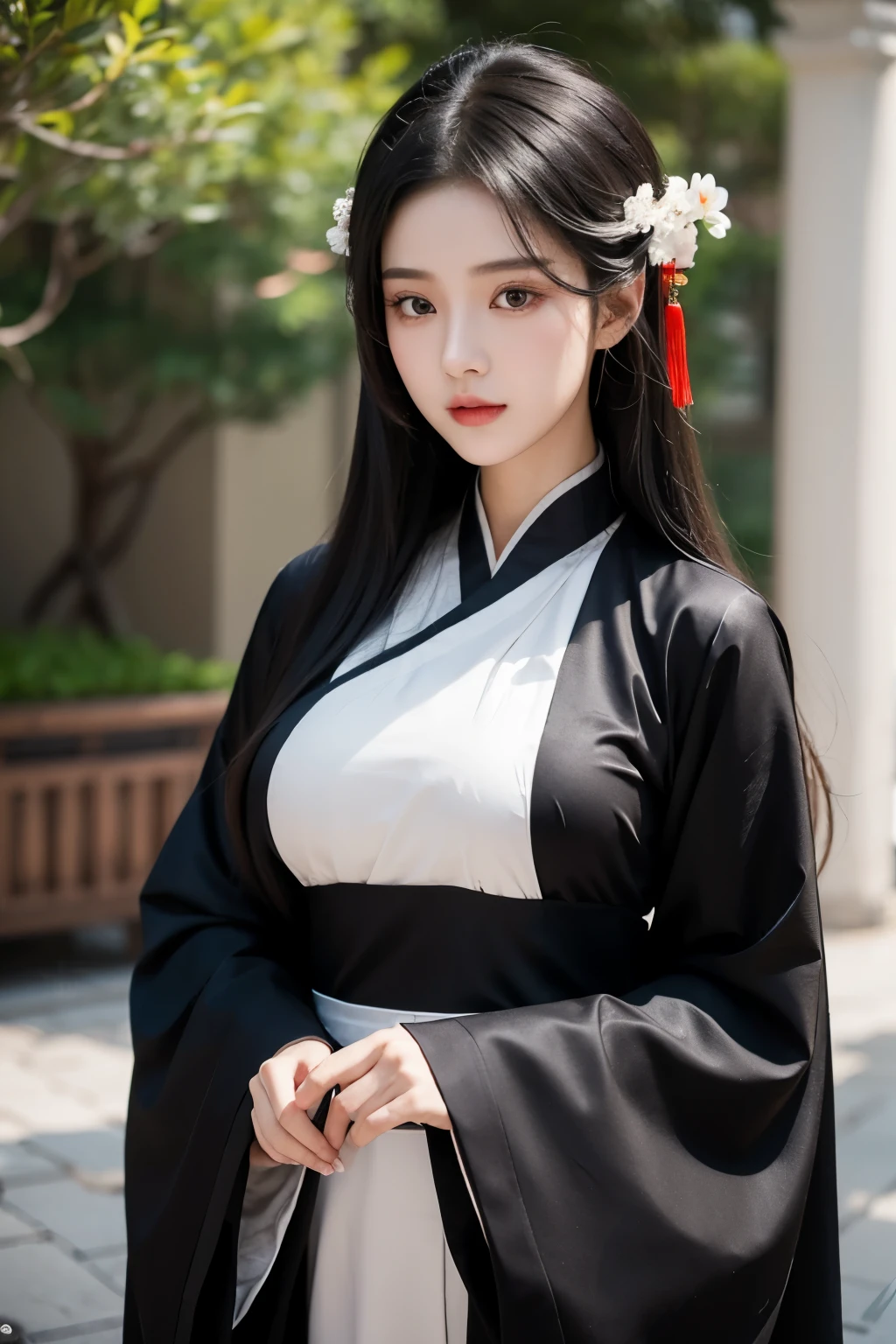 A 20-year-old Chinese beauty,Gorgeous Hanfu,sexy,long black hair,Color flows across her face,huge breasts,a ray of light
