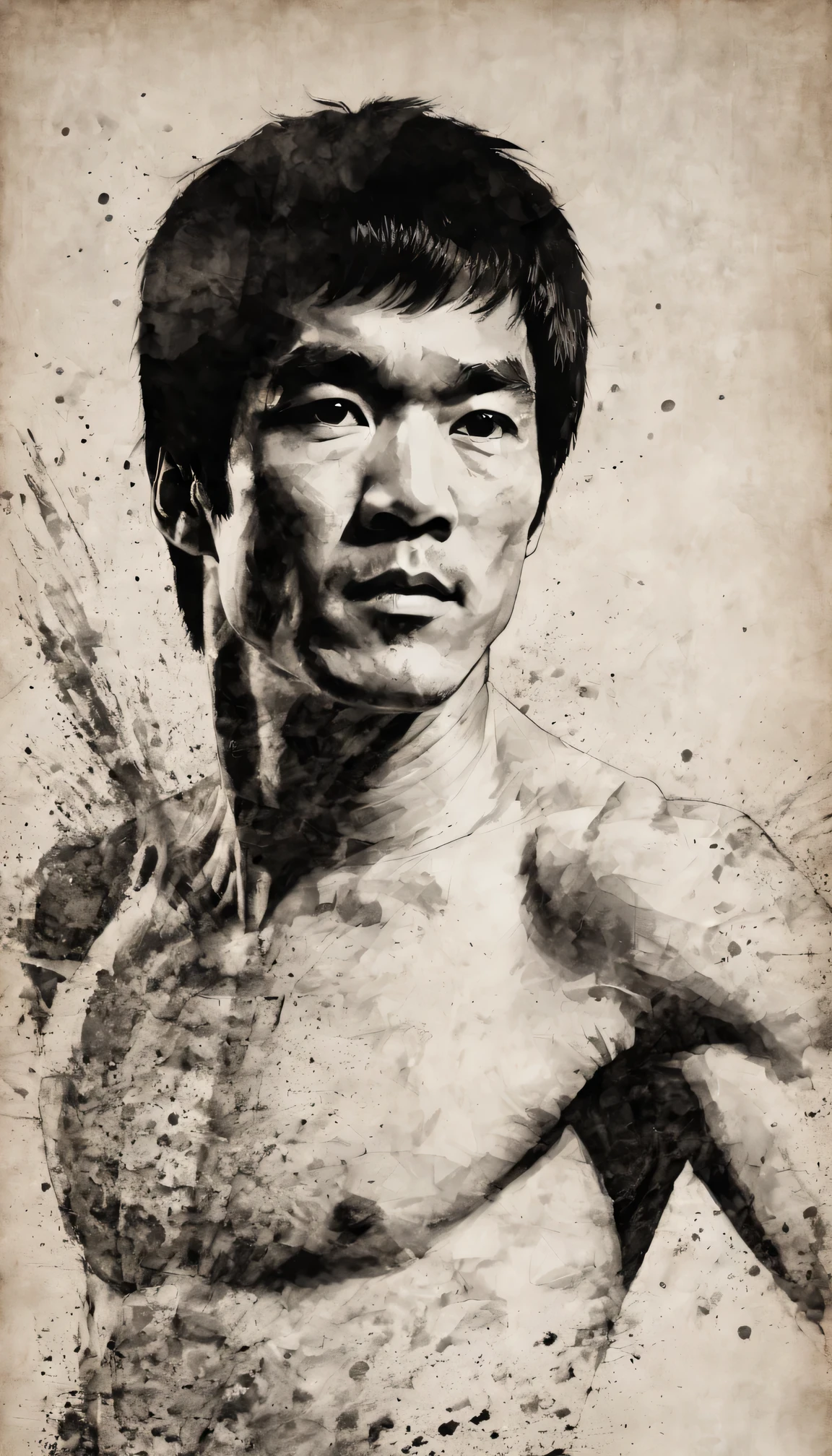 Ink style drawing, Black and white, gradations of black color, Portrait of Bruce Lee, When applied with black mascara, lines run smoothly across the ink, showing the face and appearance of Bruce Lee., simple gray background with rough fabric texture, bright light and play of shadows create a feeling of spaciousness.