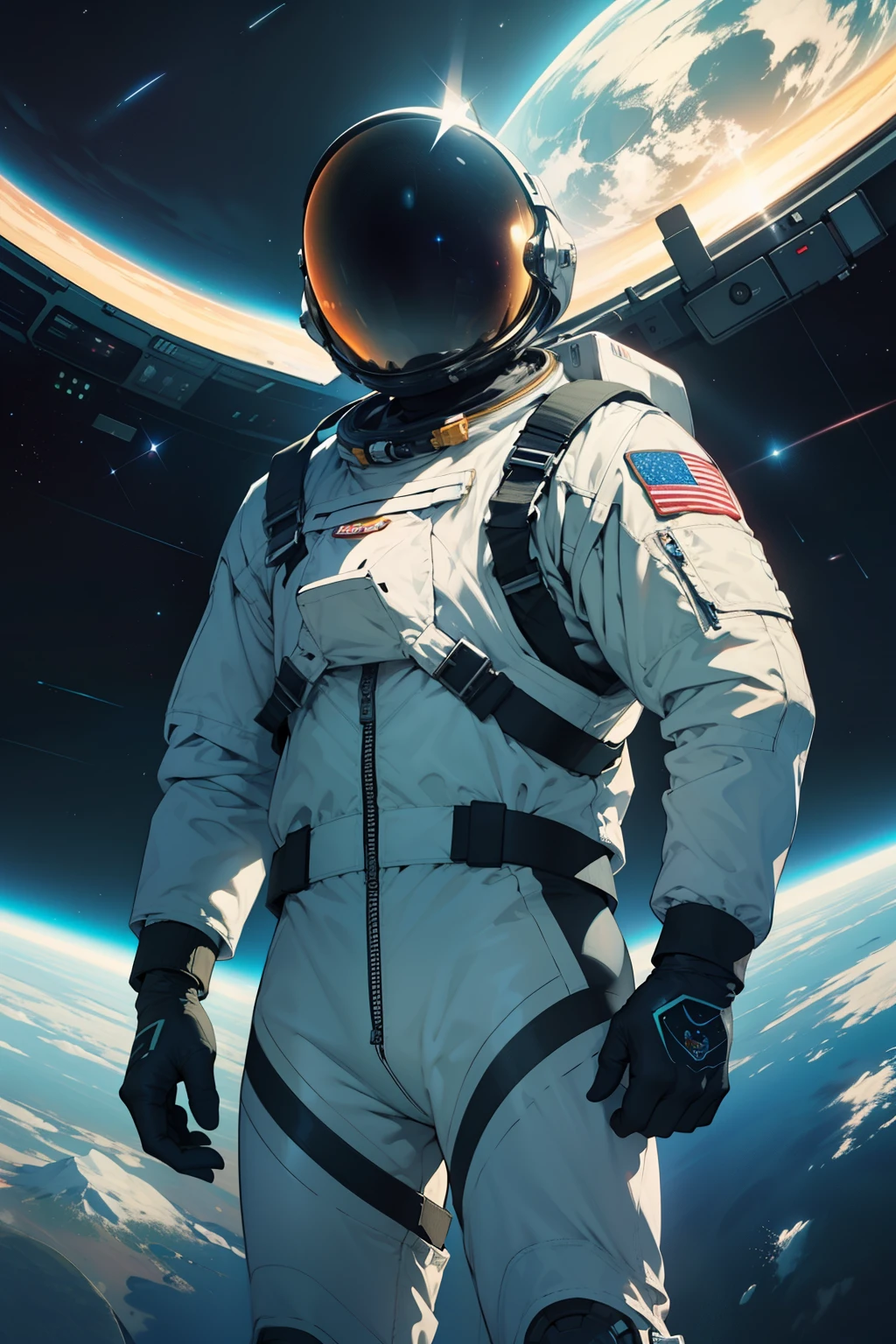 Ultra-detailed and hyper-realistic depiction of a fearless astronaut in a streamlined spacesuit, standing outside of a sleek spacecraft with intricate designs and reflective surfaces. The spacesuit's gleaming helmet protects the astronaut's visage, conveying a sense of focused determination as they step onto the unfamiliar terrain of another planet. Surreal life forms with vibrant colors and peculiar shapes populate the landscape, their features rendered in exquisite detail that ignites a sense of wonder and fascination. The astronaut glides effortlessly through the boundless expanse of outer space, the vastness of the starry sky providing a stunning contrast to the tiny figure