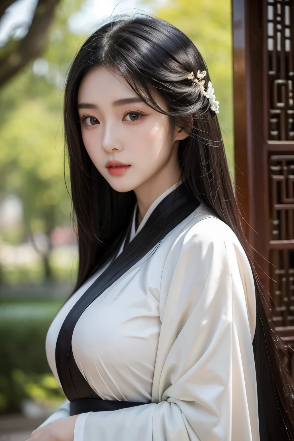 A 20-year-old Chinese beauty,Gorgeous Hanfu,sexy,long black hair,Color flows across her face,huge breasts,a ray of light