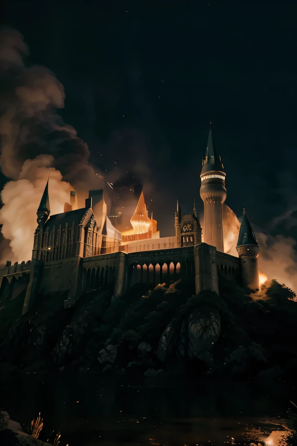 Castelo pegando fogo igual hogwarts do filme harry potter, sendo atacado por bruxos das trevas
