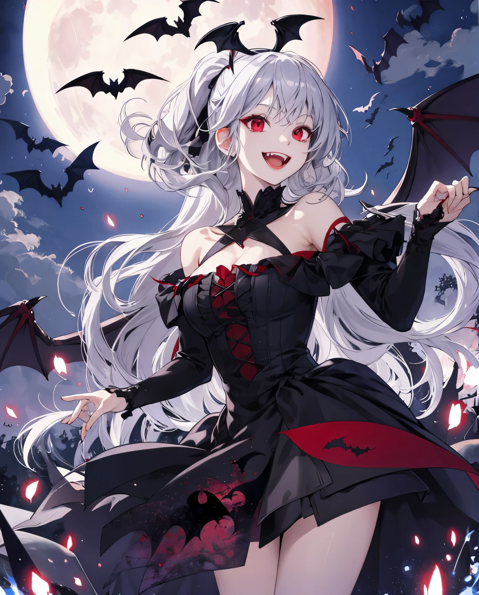Bats 
dress

silver hair、One Vampire Girl、red eyes、off shoulders、a moon、natta, smiles, open mouth, fangs